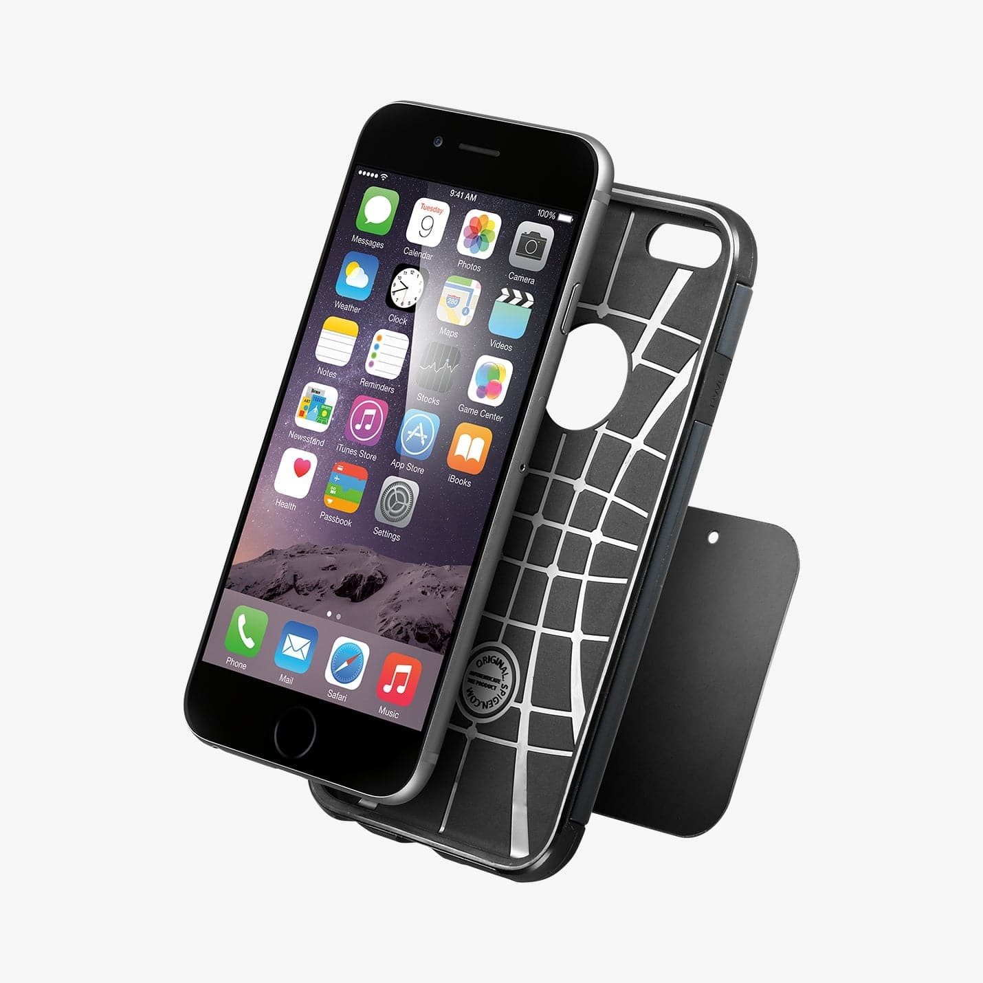 SGP11583 - Spigen Kuel Q11 Magnetic Air Vent Car Mount showing the device, case and metal plate