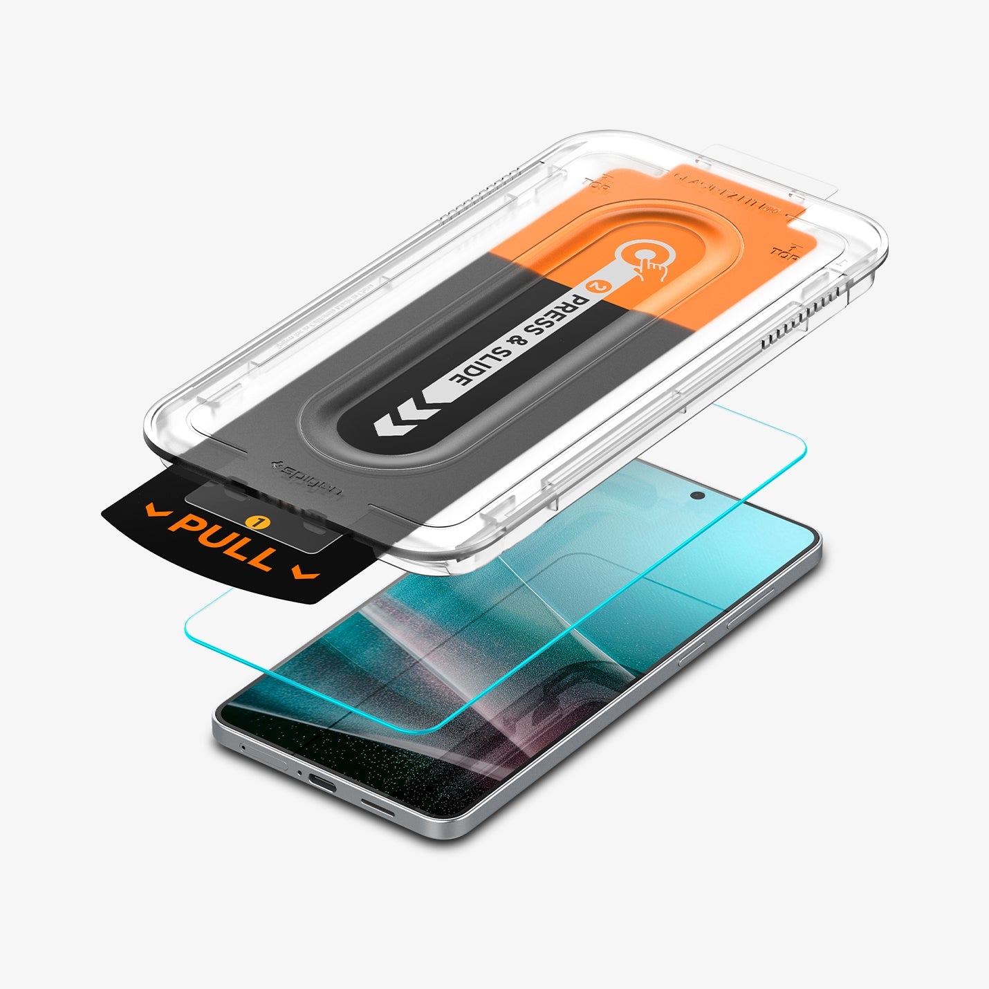 AGL09410 - Galaxy S25 Edge GLAS.tR EZ Fit Pro showing the installation tray, hovering above the screen protector and the device