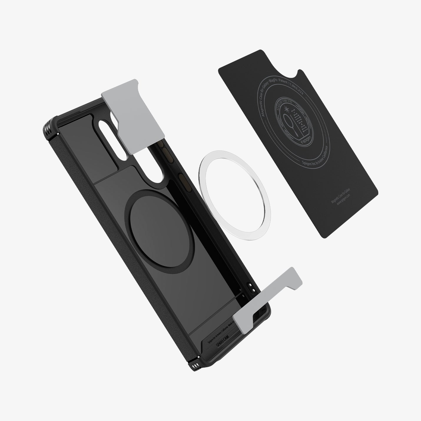 ACS08913 - Galaxy S25 Ultra Case Core Armor (MagFit) in Matte Black showing the inner cover hovering above the magnet ring plate, bumper and inner case