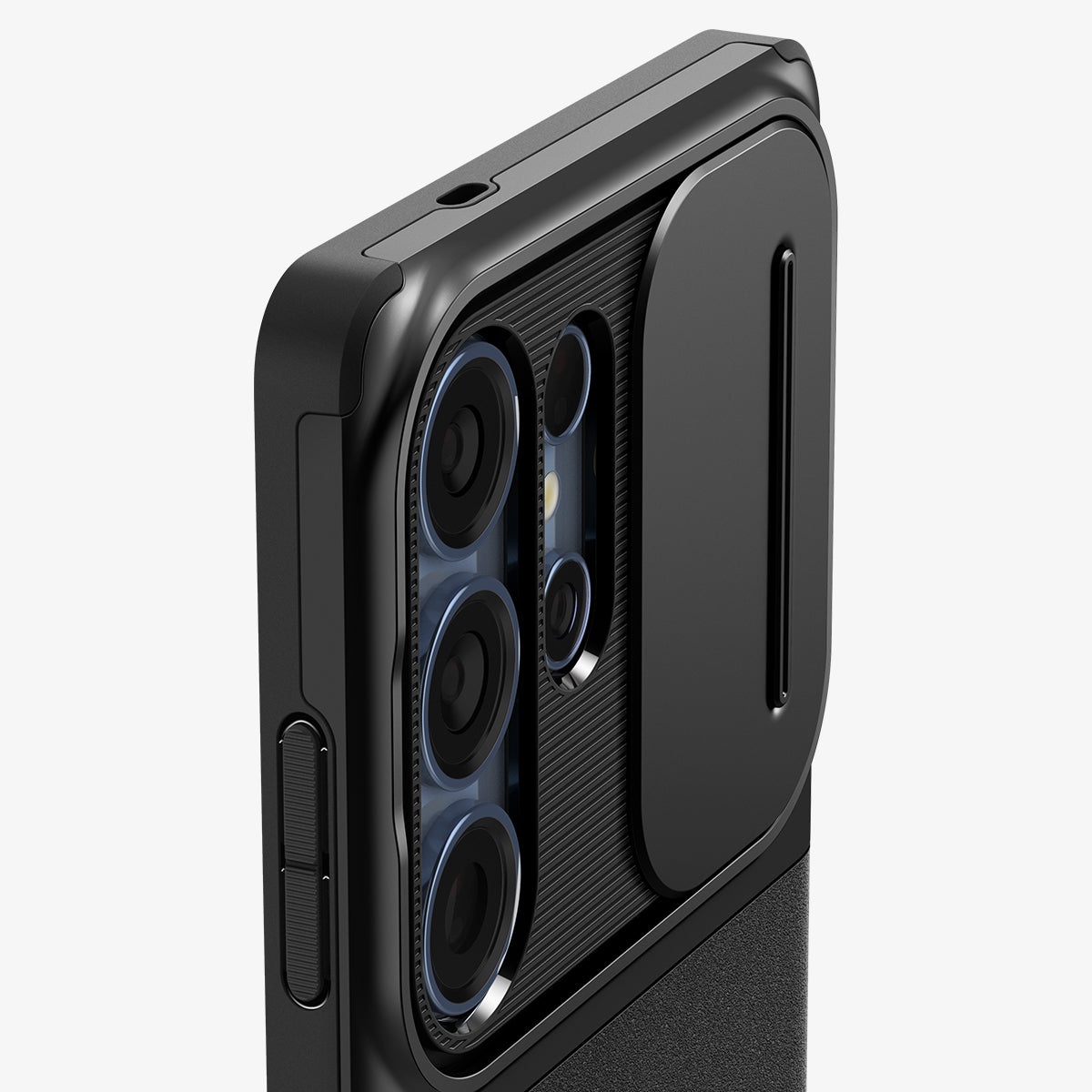 ACS08969 - Galaxy S25 Ultra Case Optik Armor in Black showing the partial back, side and top with camera slider open, lens camera zoomed in