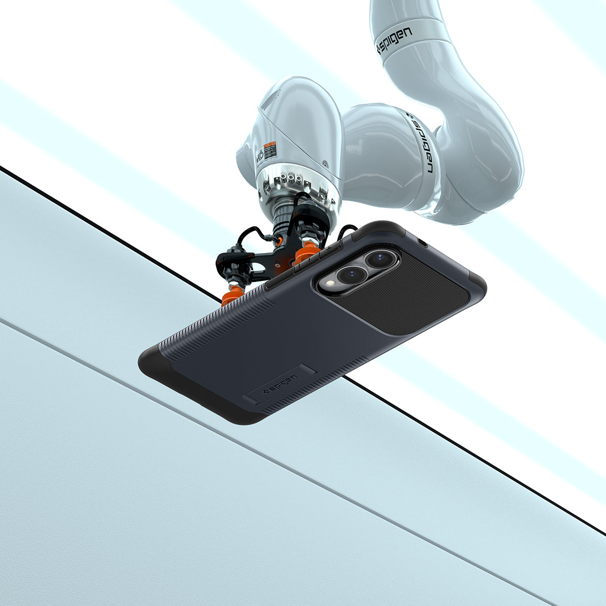 ACS09593 - Galaxy S25 Edge Case Slim Armor in Metal Slate showing the
back, partial side while the robot's arm attached in front of the device screen