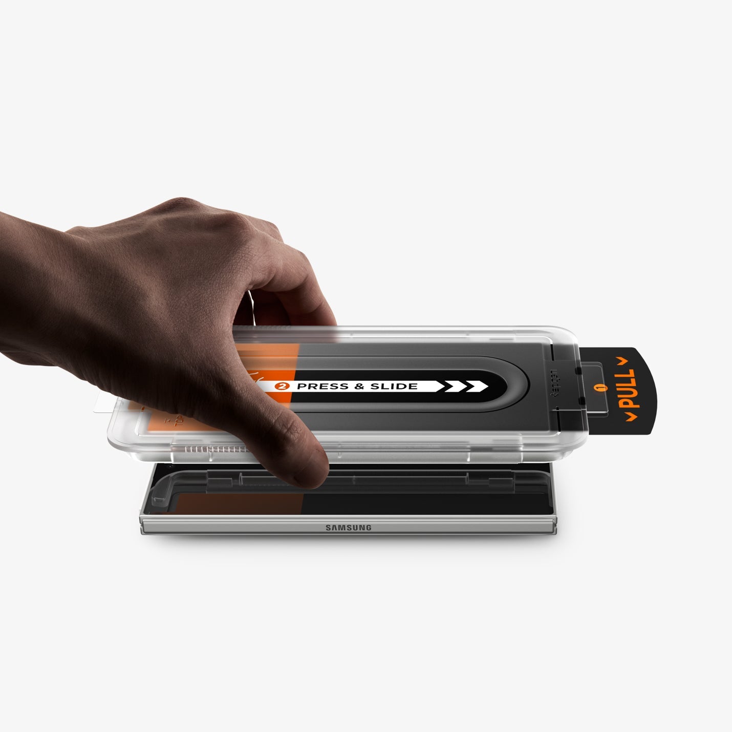 AGL09576 - Galaxy Z Fold 7 Series - GLAS.tR EZ Fit Pro showing the alignment tray hovering above the screen protector and the device