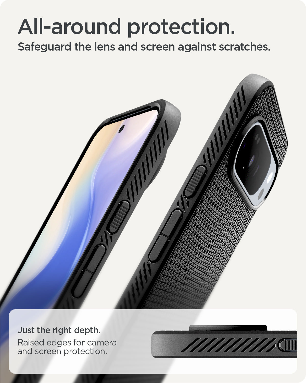 ACS09737 - GajPXL Case Liquid Air in matte black showing the all around protection. Safeguard the lens and screens against scratches. Just the right depth and raised edges for camera and screen protection