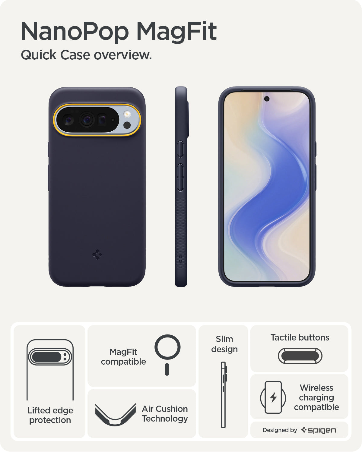ACS09734 - GajPXL Case Nano Pop (MagFit) in blueberry navy showing the quick case overview. Lifted edge protection, MagFit compatible, AirCushion technology, slim design, tactile buttons and wireless charging compatible.