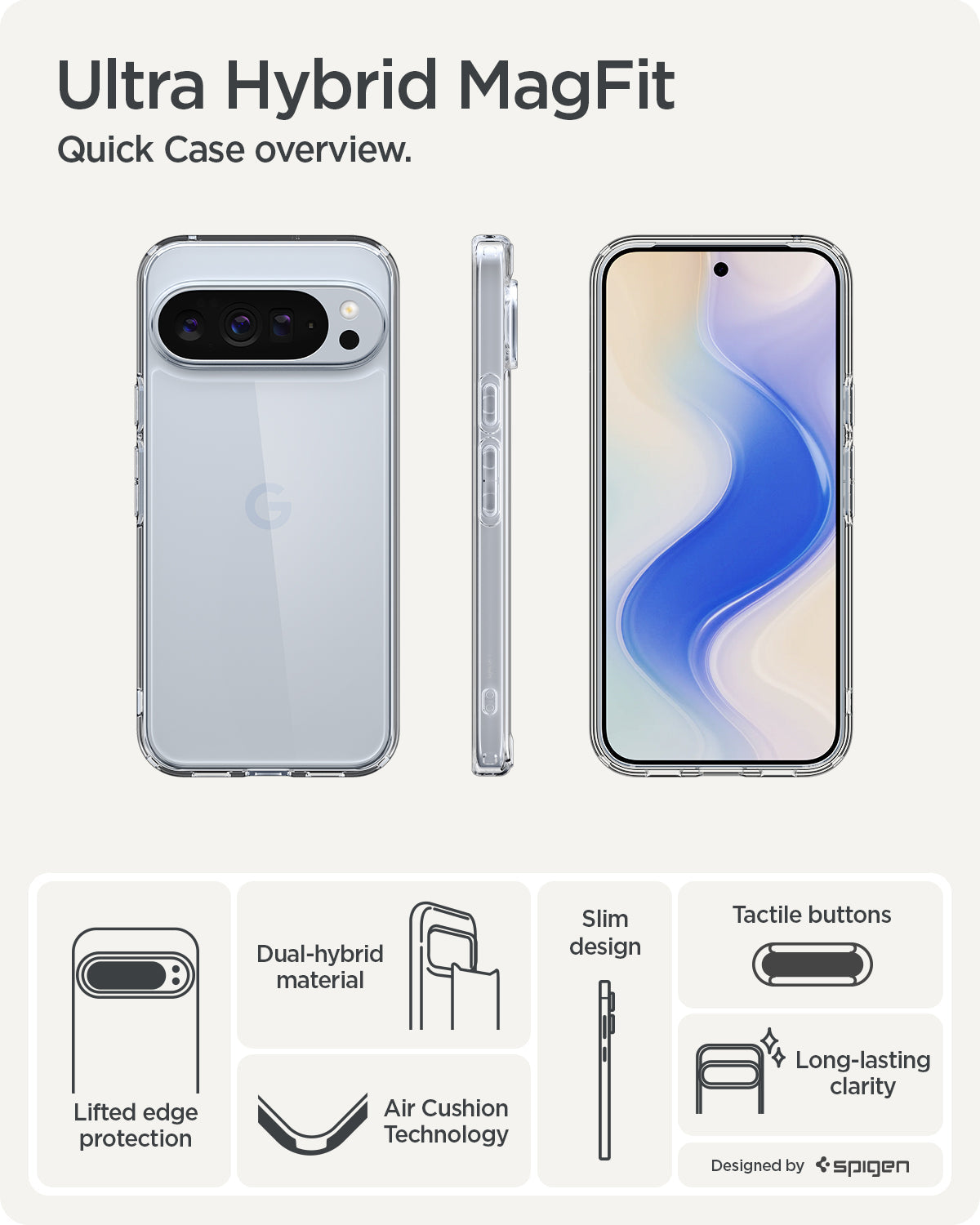 ACS09738 - GajPXL Case Ultra Hybrid in crystal clear showing the quick case overview. Lifted edge protection, tactile buttons, slim design, air cushion technology