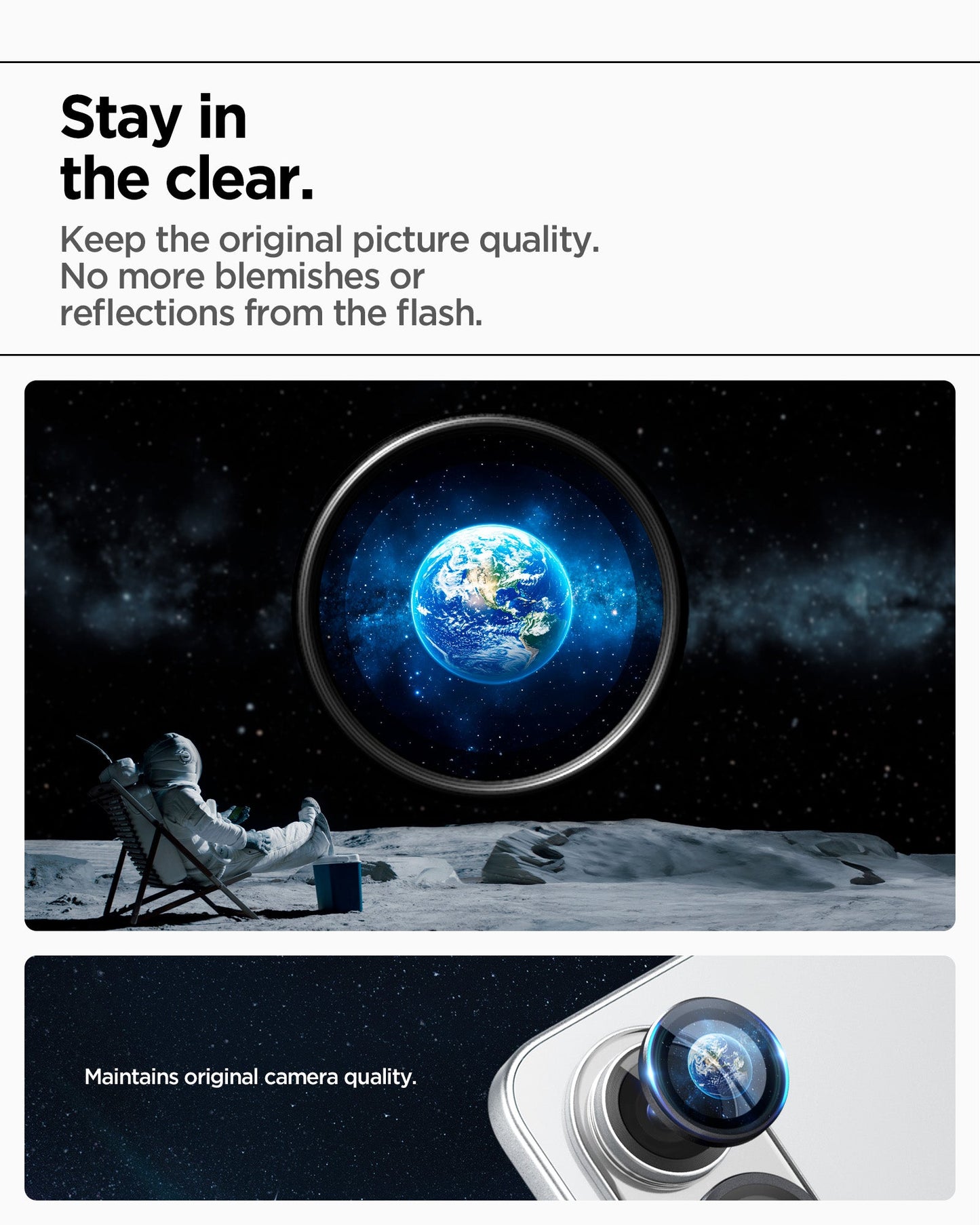 AGL09412 - Galaxy S25 Edge Optik EZ Fit Lens Pro Protector in Black showing the stay in the clear. Keep the original picture quality. No more blemishes or reflections from the flash. Maintains original camera quality
