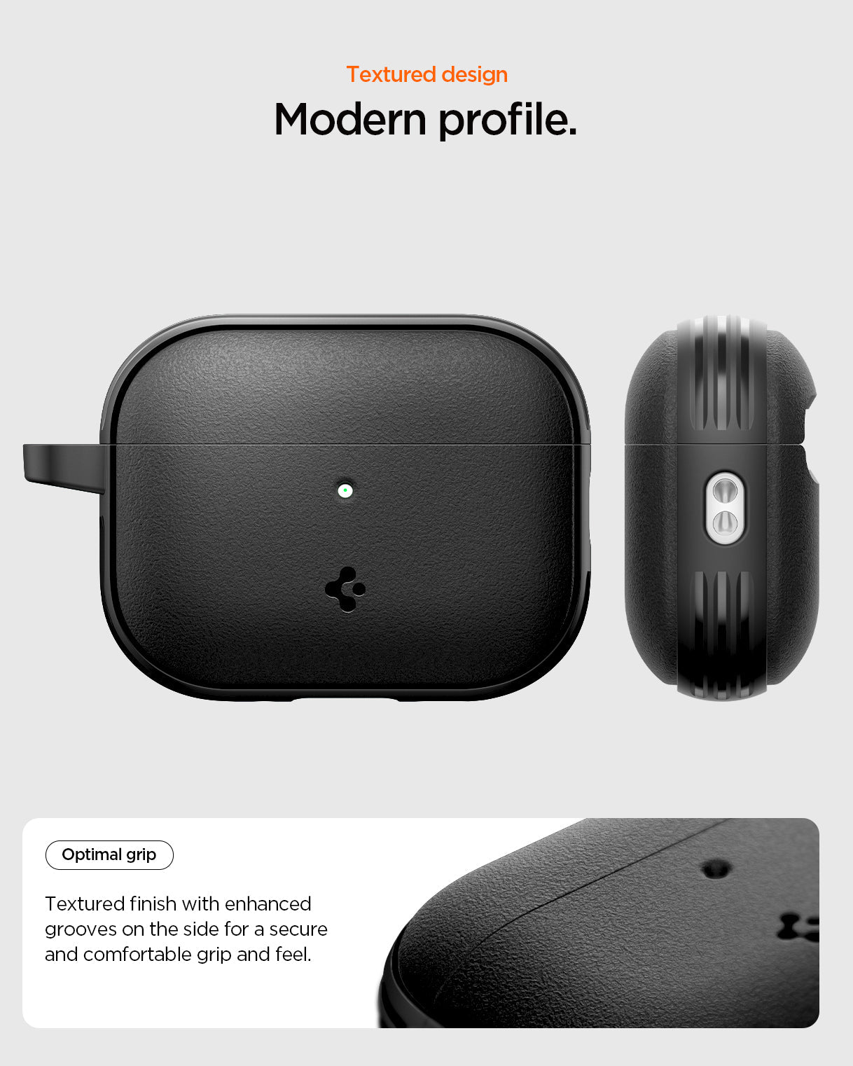 ACS09826 - AirPods Pro 3 Spigen Vault in Matte Black showing textured design. Optimal grip. Textured finish with enhanced grooves on the side for a secure and comfortable grip and feel
