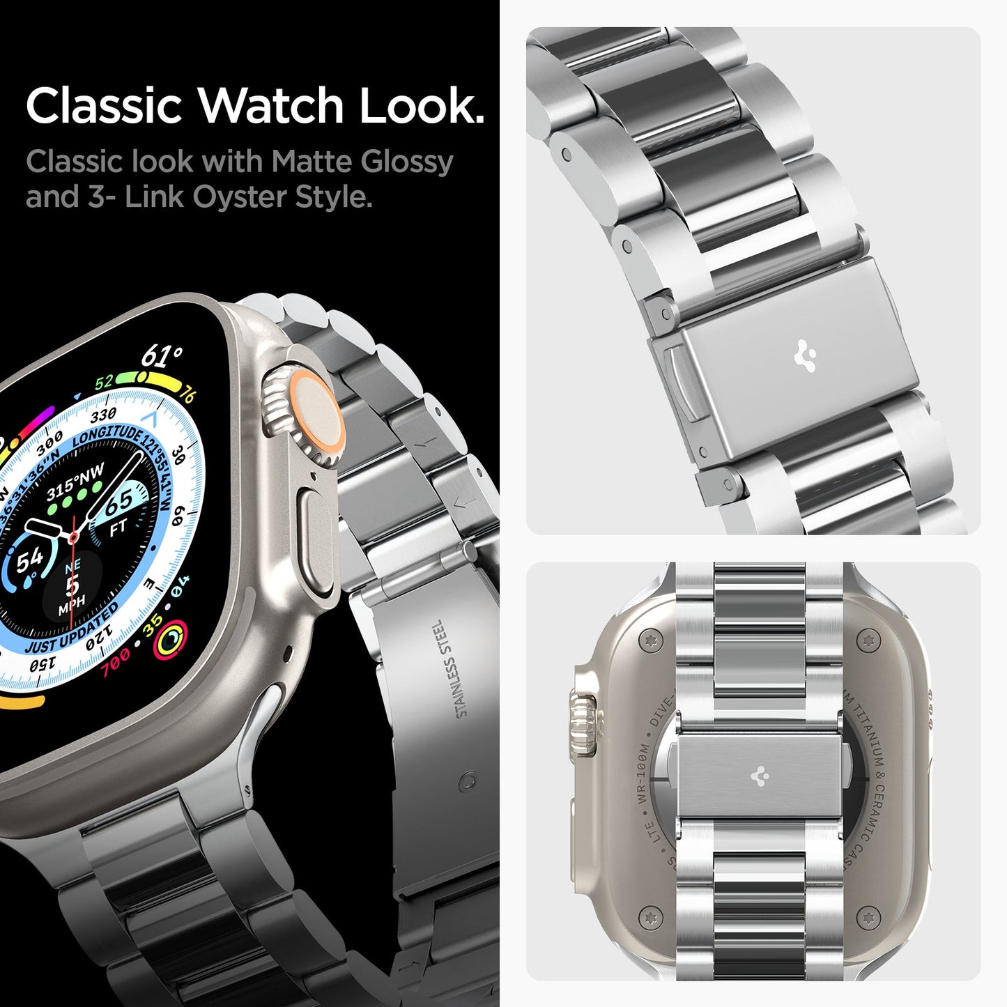 AMP06356 - Apple Watch Series (Apple Watch (49mm)/Apple Watch (45mm)/Apple Watch (42mm)) Watch Band Modern Fit 316L in silver classic look with matte glossy and 3-link oyster style. classic watch look.