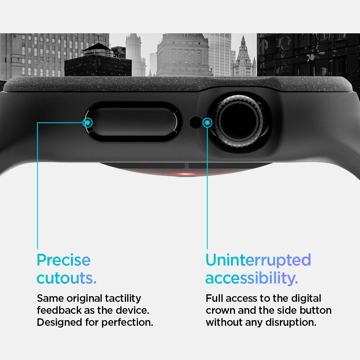ACS09391 - Apple Watch 10 (46mm) Case Vault Pro in Matte Black Same original tactility feedback as the device designed for perfection. Showing Ready, set, Action. Uninterrupted accessibility. Full access to the digital crown and the side button without any disruption.