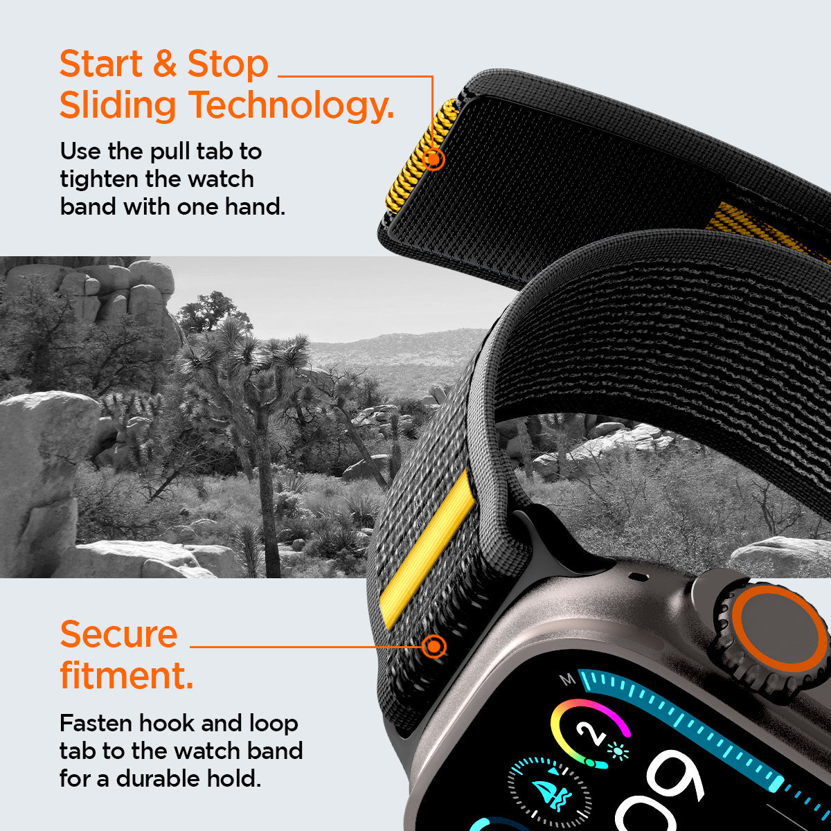 AMP09033 - Apple Watch 10 (46mm) Athlex Air in Active Black showing the start & stop sliding technology. Use the pull tab to tighten the watch band with one hand. Secure fitment. Fasten hook and loop tab to the watch band for a durable hold