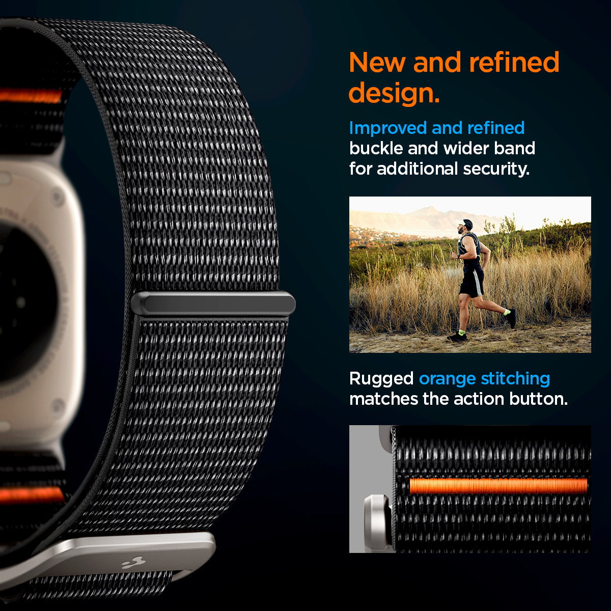 AMP05981 - Apple Watch (45mm) DuraPro Flex Ultra in Black improved and refined buckle and wider band for additional security. Rugged orange stitching matches the action button.