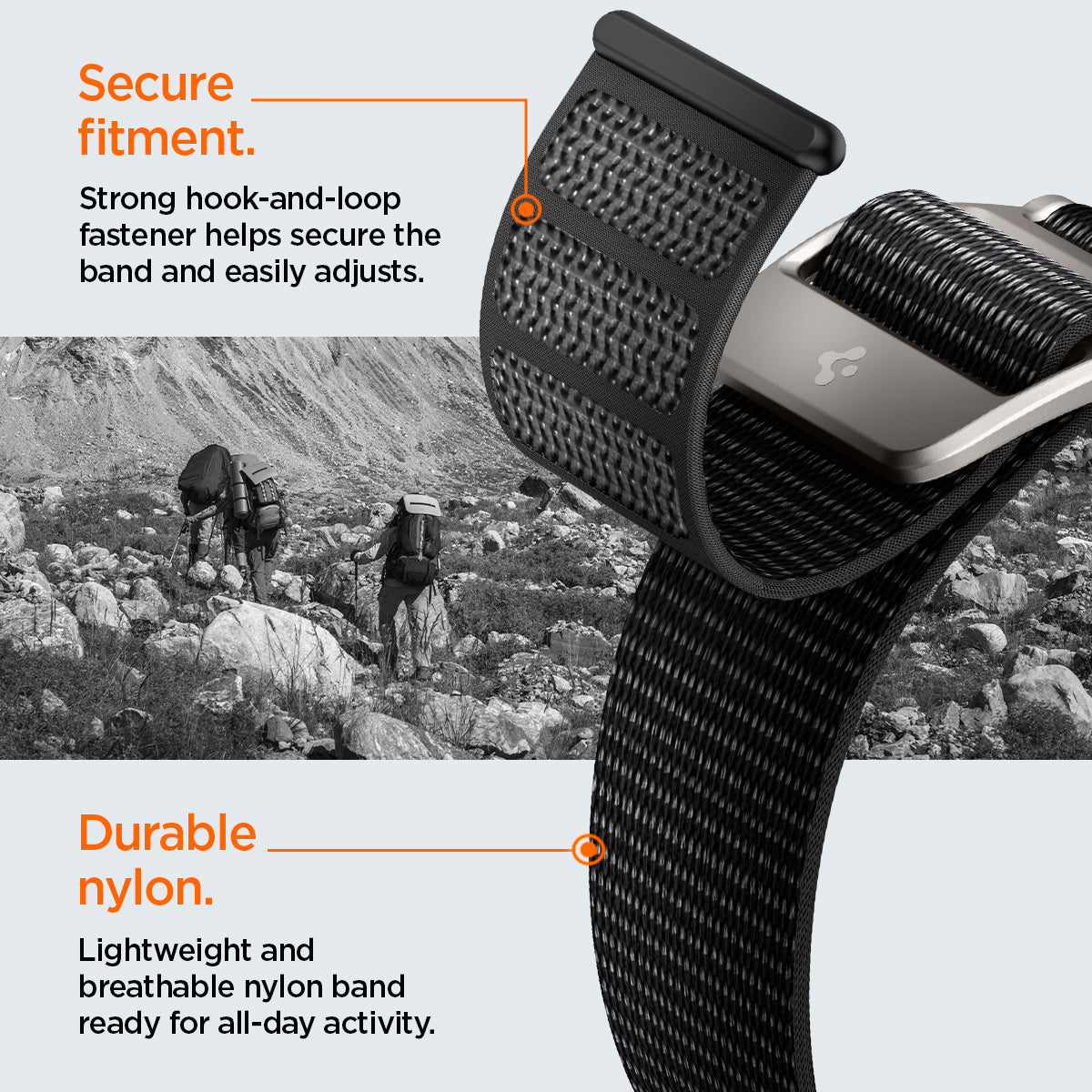 AMP05981 - Apple Watch (45mm) DuraPro Flex Ultra in Black strong hook and loop fastener helps secure the band and easily adjusts. Lightweight and breathable nylon band ready for all day activity.