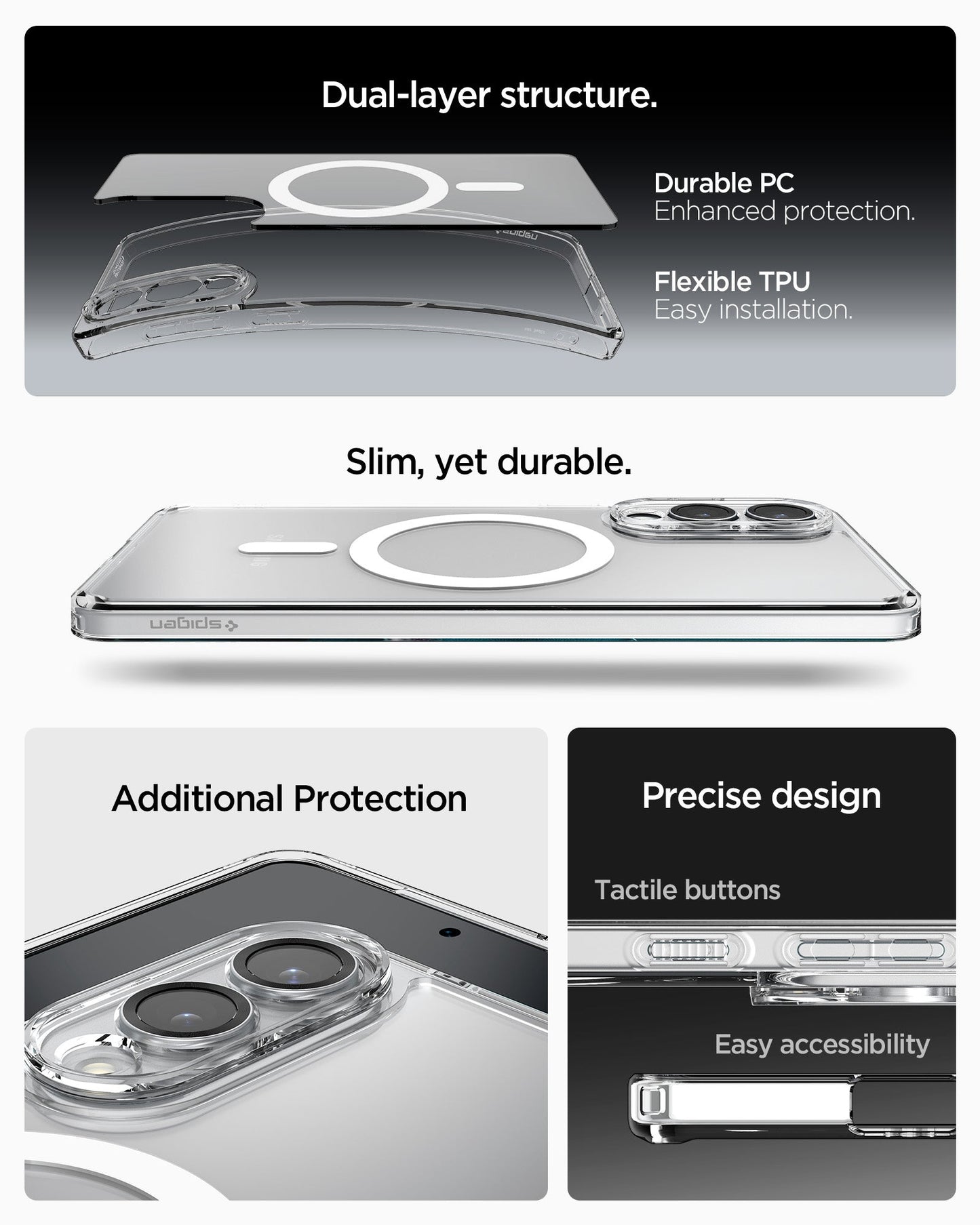 ACS09418 - Galaxy S25 Edge Case Ultra Hybrid (MagFit) in Clear White showing the dual- layer structure. Durable PC, enhanced protection and Flexible TPU, easy installation. Slim, yet durable. Additional Protection. Precise design, tactile buttons and easy accessibility