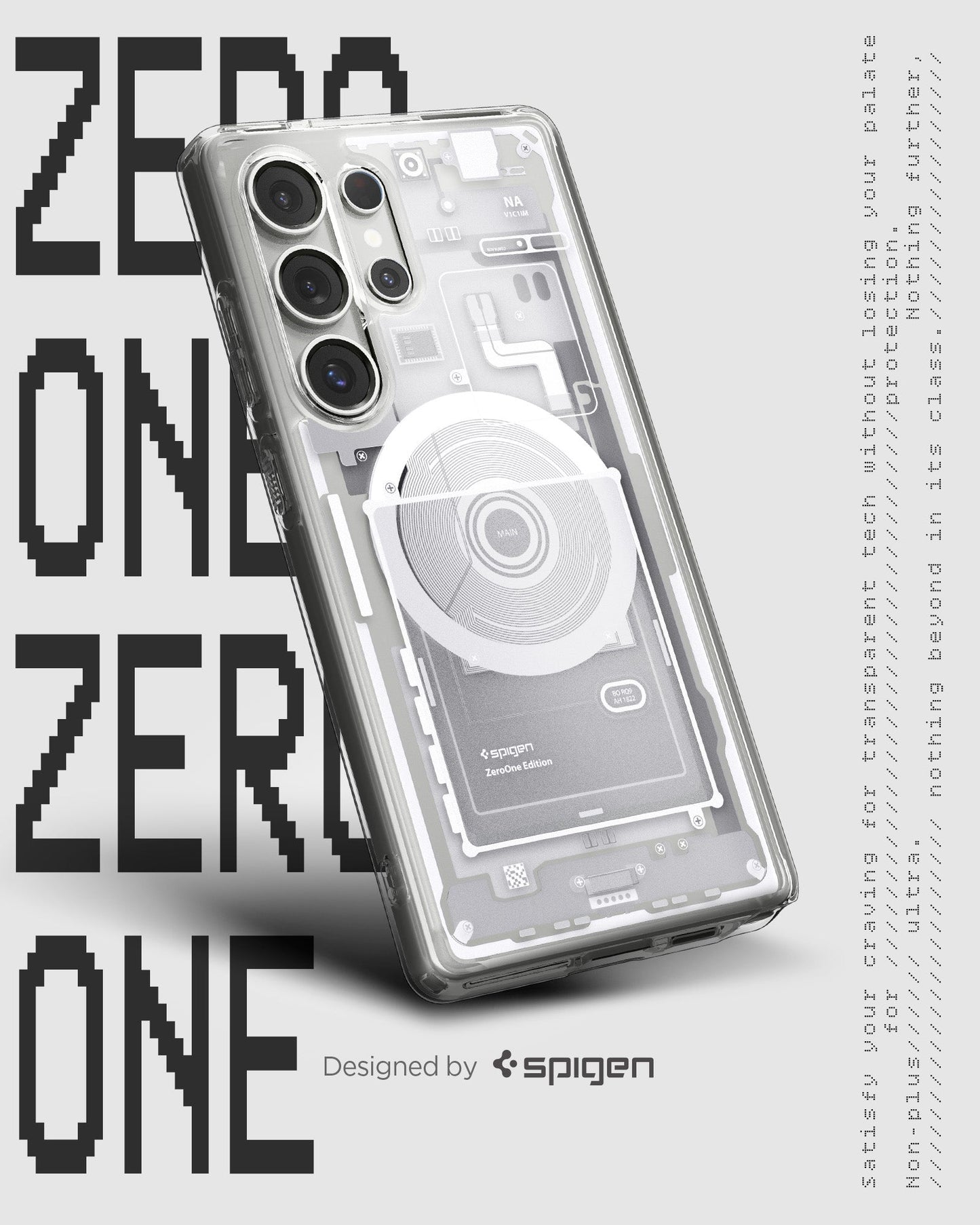 ACS08958 - Galaxy S25 Ultra Case Ultra Hybrid Metal Ring Zero One (MagFit) in Zero One White showing the back, partial side and bottom