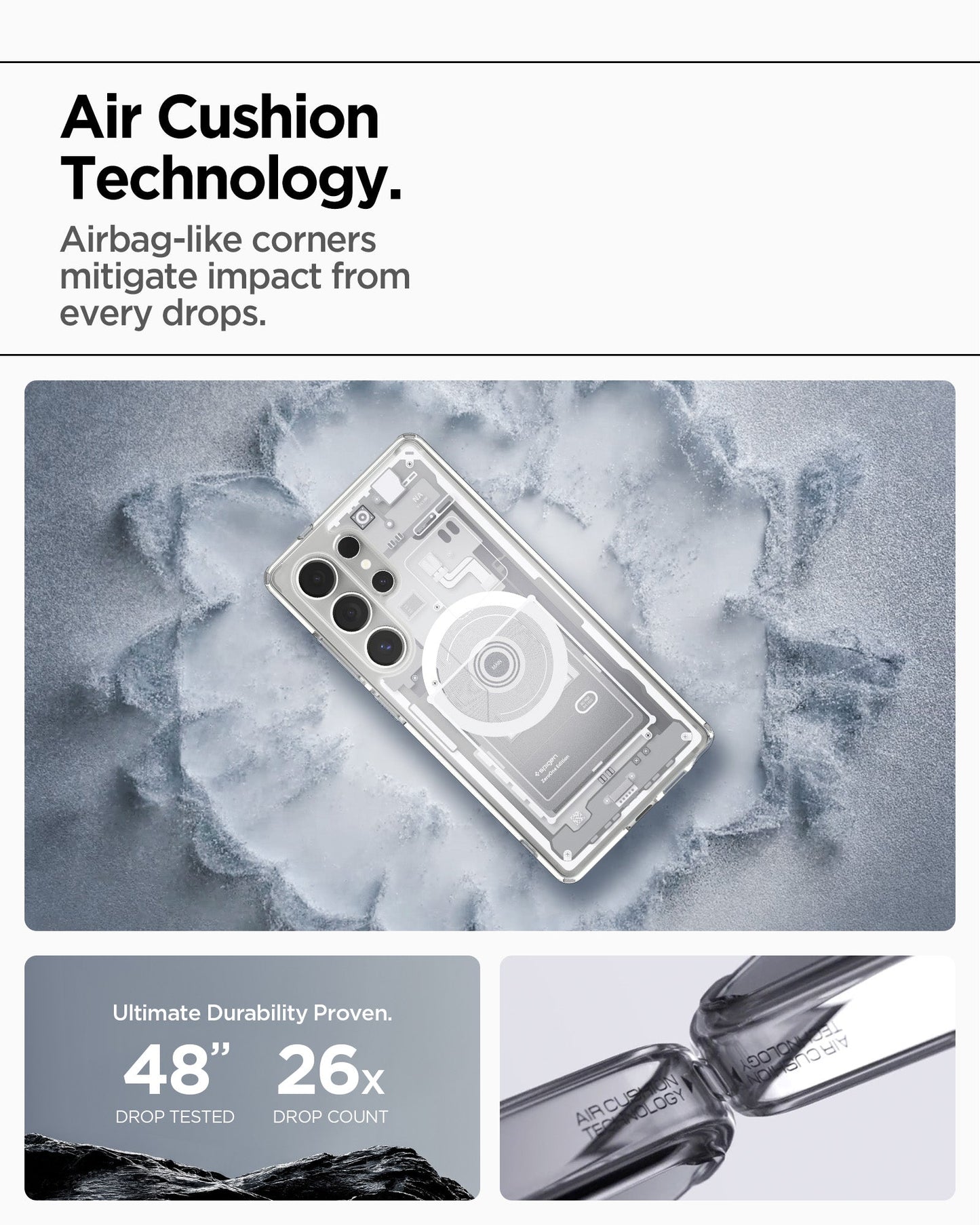 ACS08958 - Galaxy S25 Ultra Case Ultra Hybrid Metal Ring Zero One (MagFit) in Zero One White showing the Air Cushion Technology. Airbag-like corners mitigate impact from every drops. Ultimate durability proven. 48" drop tested and 26x drop count