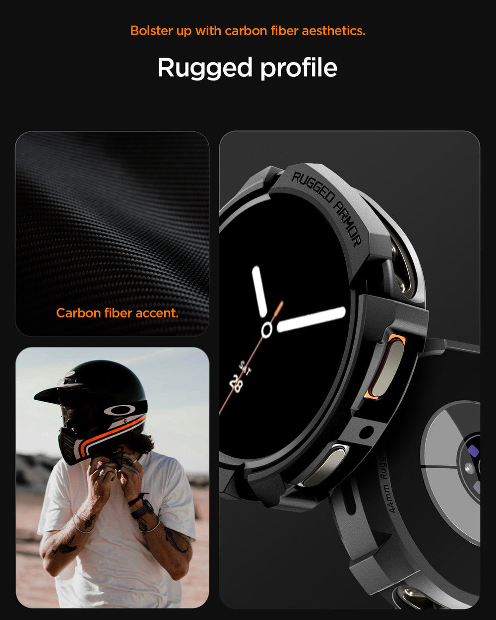 ACS10006 - Galaxy Watch 8 44mm Rugged Armor showing bolster up with carbon fiber aesthetics. rugged profile.