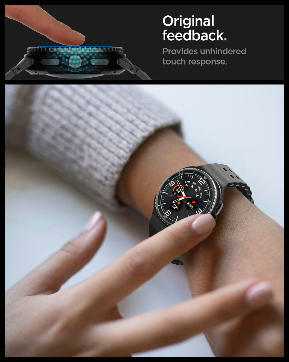 AGL09877 - Galaxy Watch 8 46mm GLAS.tR EZ Fit showing original feedback. provides unhindered touch response.