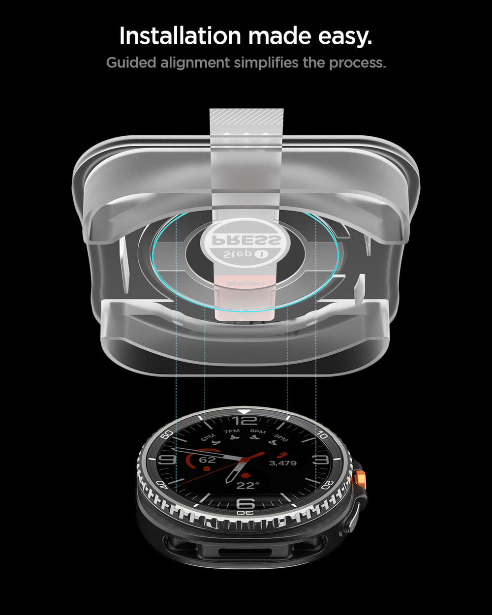 AGL09877 - Galaxy Watch 8 46mm GLAS.tR EZ Fit showing installation made easy. guided alignment simplifies the process.