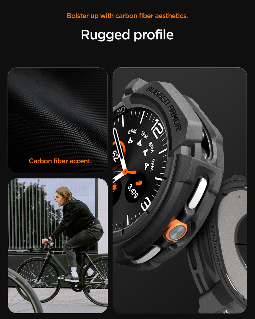 ACS10012 - Galaxy Watch 8 46mm Rugged Armor showing bolster up with carbon fiber aesthetics. rugged profile.