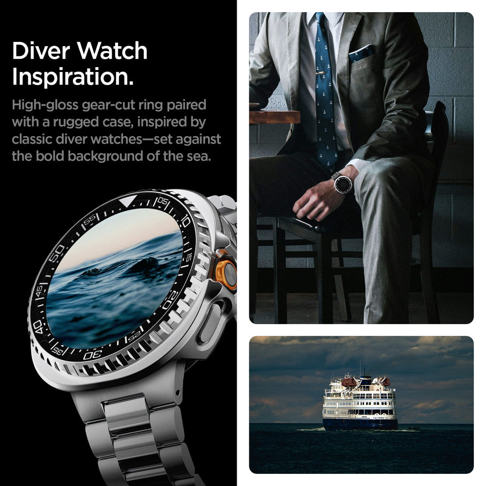 ACS10016 - Galaxy Watch 8 Bezel Tune Pro in black diver watch inspiration. high gloss gear cut ring paired with a rugged case, inspired by classic diver watches, set against he bold background of the sea.
