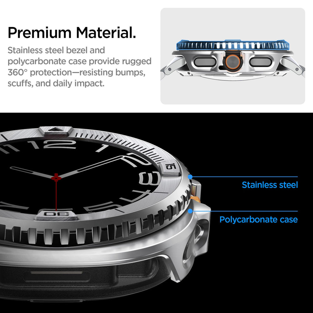 ACS10017 - Galaxy Watch 8 Bezel Tune Pro in sliver showing premium material, stainless steel bezel + durable pc case scratch and bump protection with full 360 coverage in and out of water