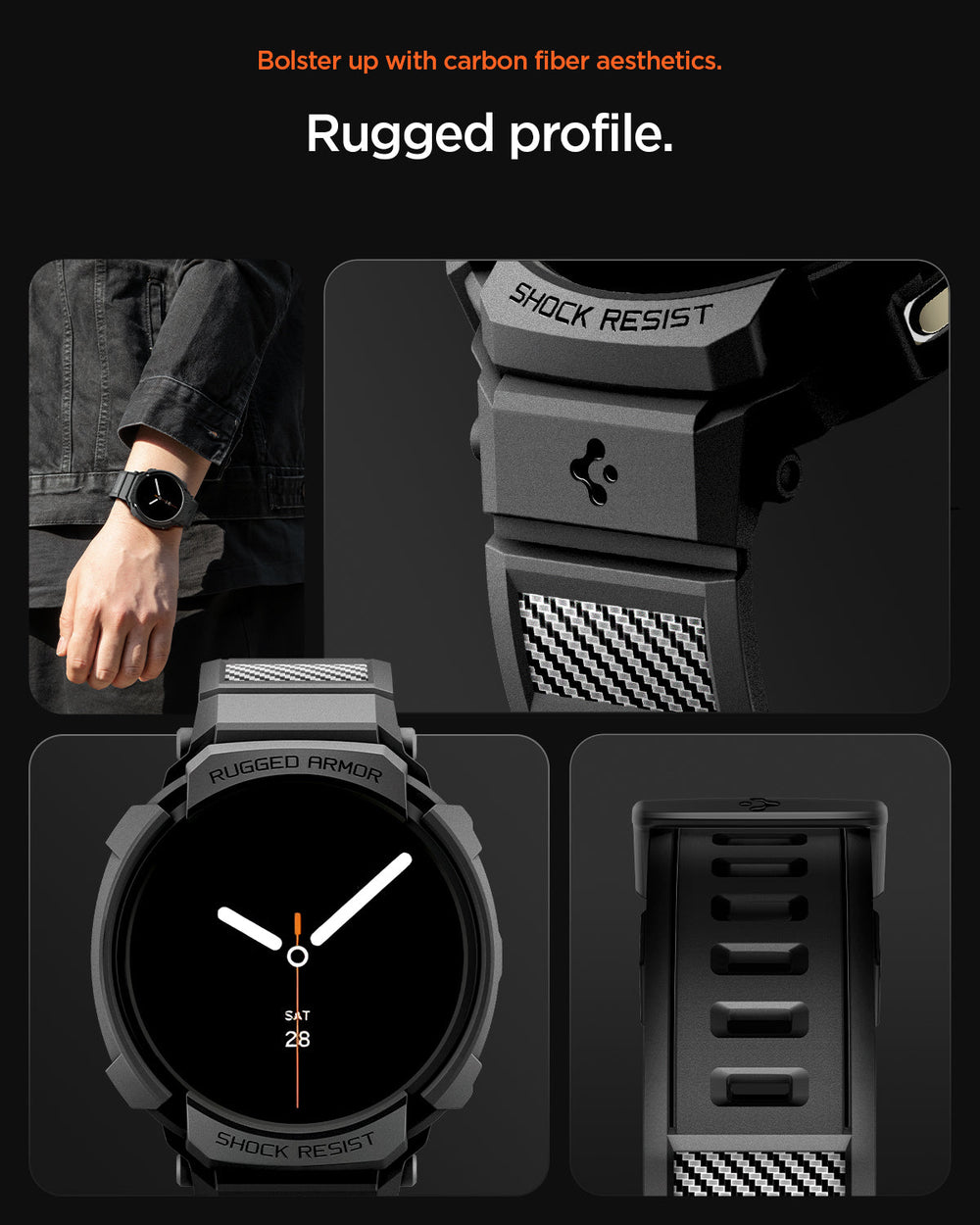 ACS10007 - Galaxy Watch 8 Rugged Armor Pro showing bolster up with carbon fiber aesthetics. rugged profile.