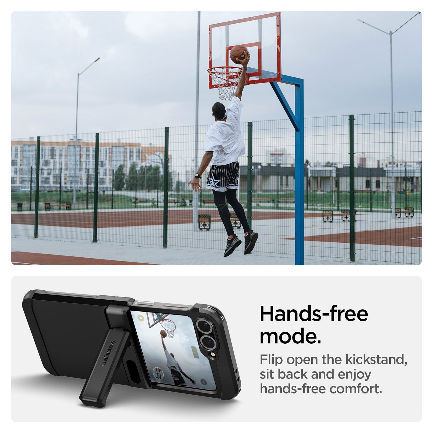ACS09807 - Galaxy Z Flip 7 FE Series Tough Armor Pro (MagFit) in black showing the hands-free mode. Flip open the kickstand, sit back and enjoy hands-free comfort.