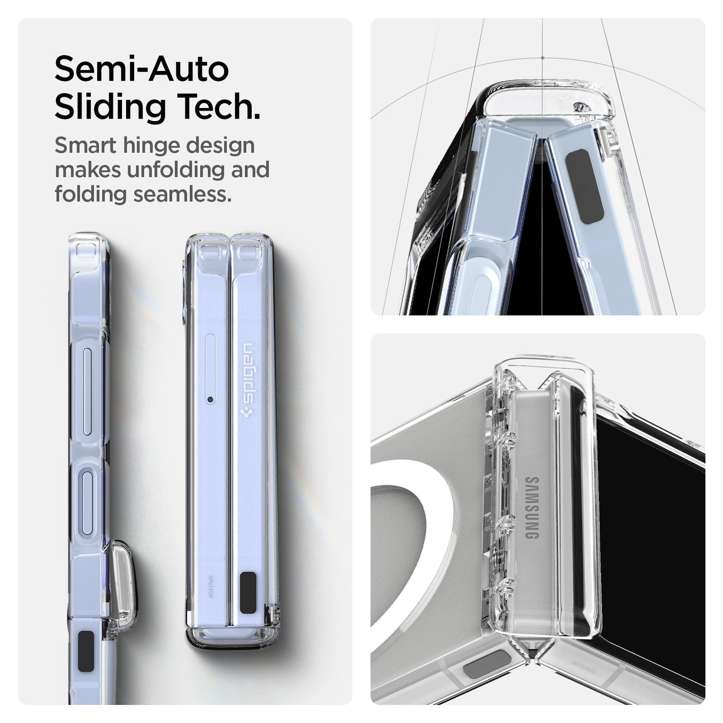 ACS09806 - Galaxy Z Flip 7 FE Series Ultra Hybrid Pro (MagFit) showing semi auto sliding tech. Smart hinge design makes unfolding and folding seamless.