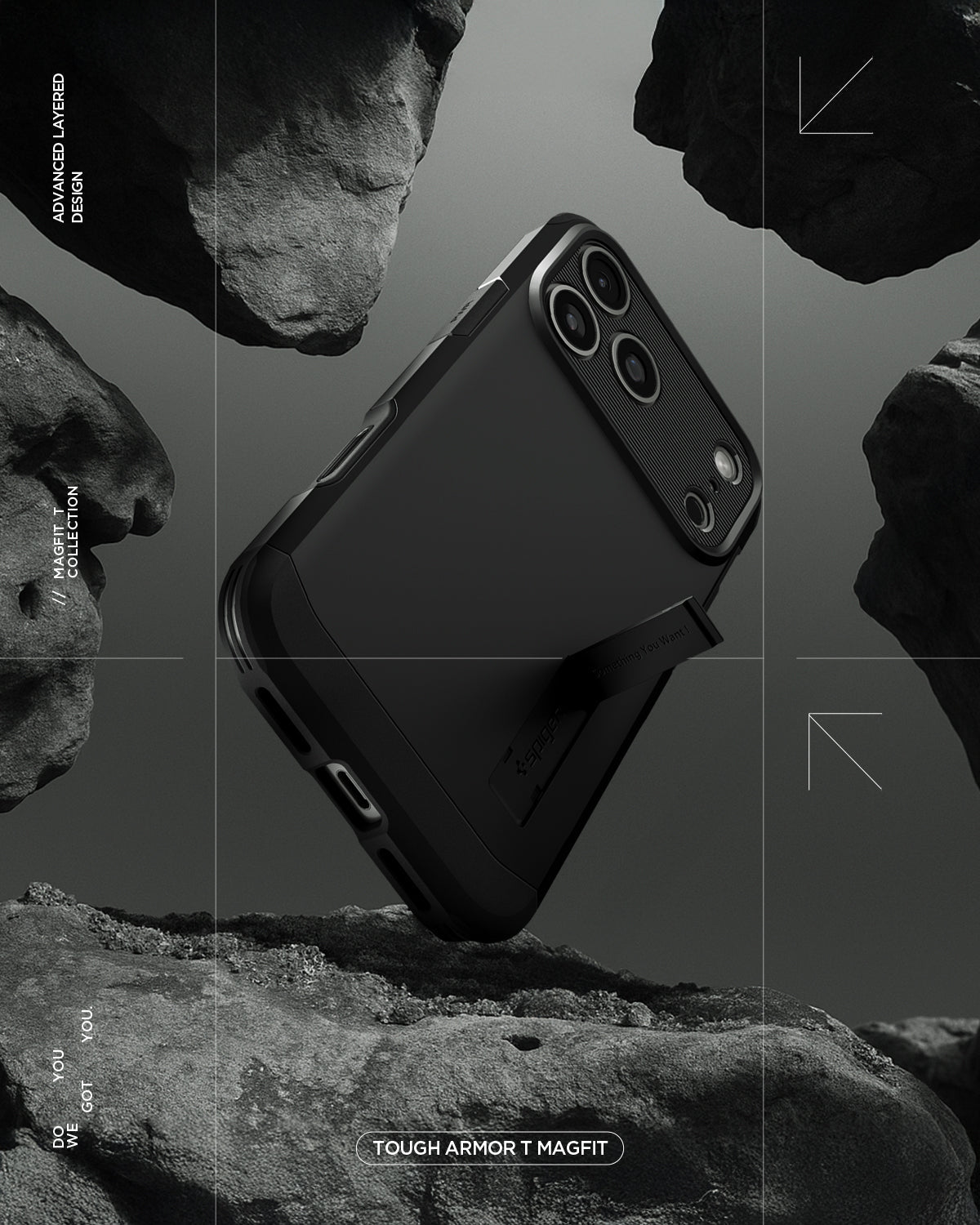 ACS09897 - iPhone 17 Pro Max Case Tough Armor T AI (MagFit) in black showing the back with kick stand