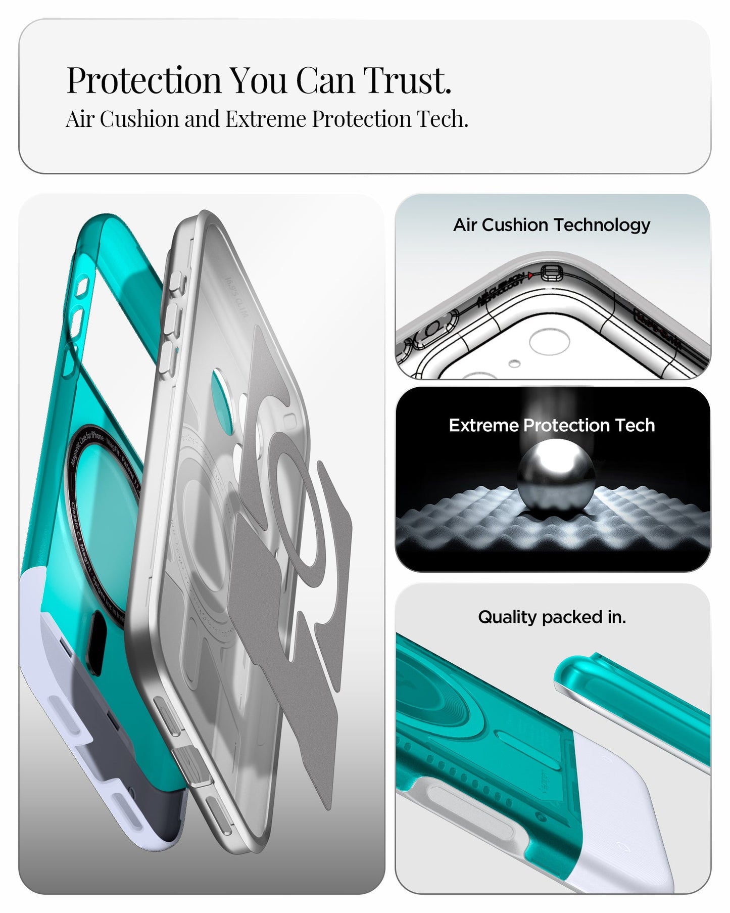 ACS09908 - iPhone 17 Pro Max Case Classic C1 (MagFit) in bondi blue showing protection you can trust. air cushion and extreme protection tech.