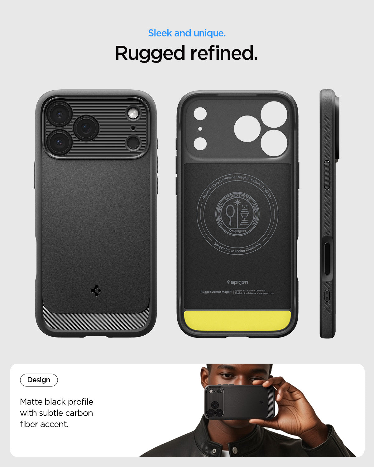 ACS09886 - iPhone 17 Pro Max Rugged Armor (MagFit) in Matte Black showing sleek and unique. Rugged refined. Matte black profile with subtle carbon fiber accent