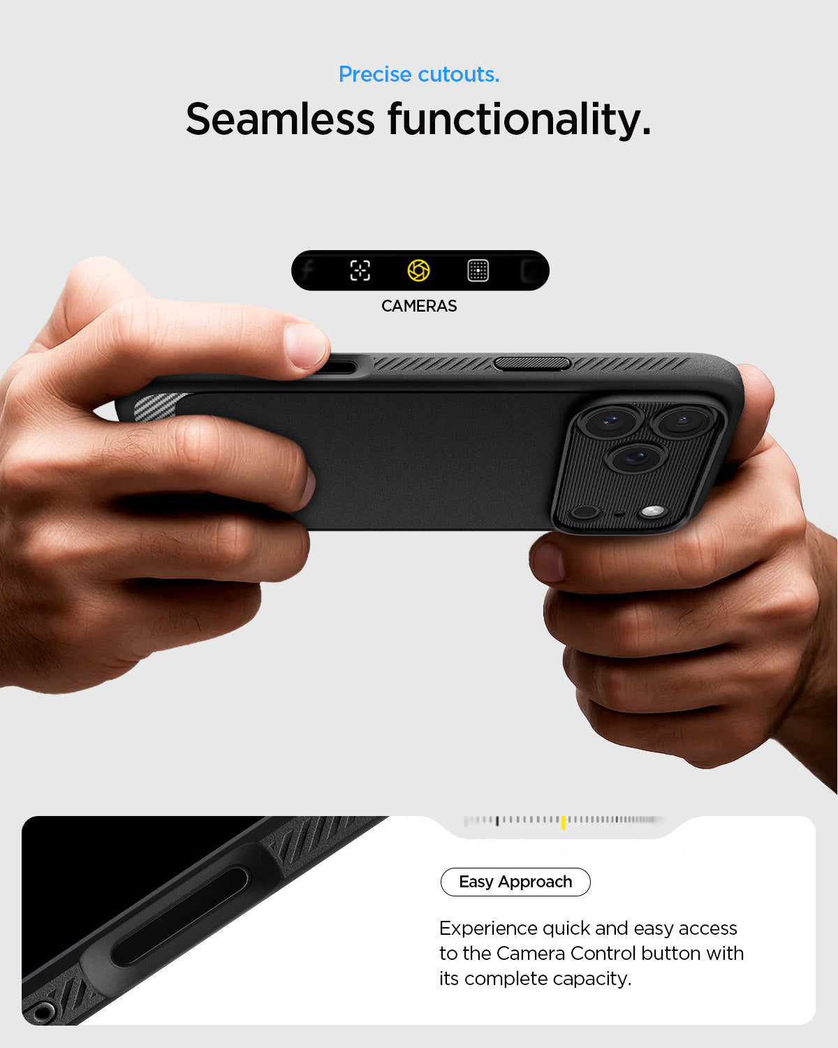 ACS09886 - iPhone 17 Pro Max Rugged Armor (MagFit) in Matte Black showing precise cutouts. seamless functionality. Easy approach. Experience quick and easy access to the camera control button with its complete acapacity.