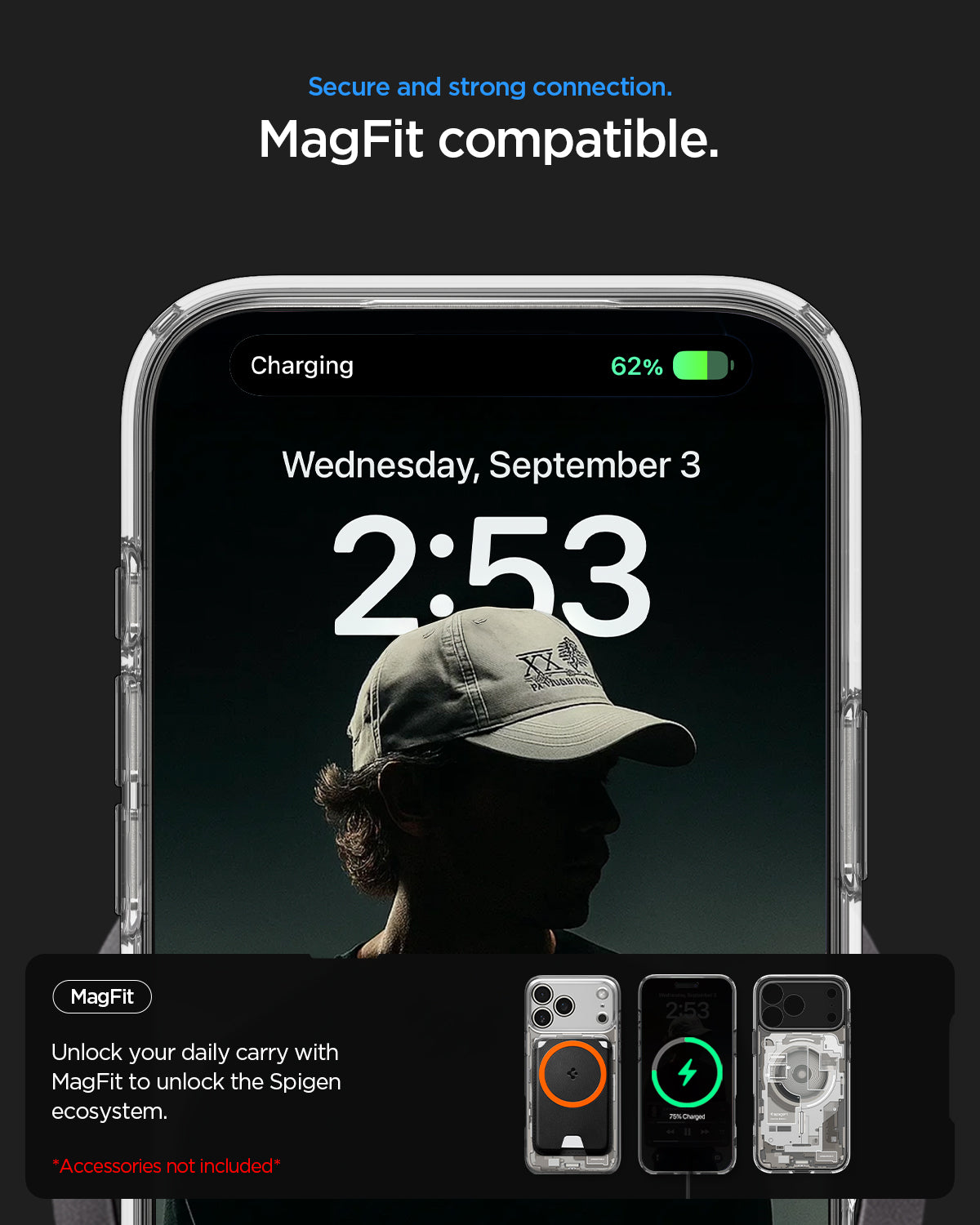 ACS10041 - iPhone 17 Pro Max Case Ultra Hybrid Zero One (MagFit) in Zero One Natural Titanium showing secure and strong connection. magfit compatible. unlock your daily carry with magfit to unlock the spigen ecosystem.