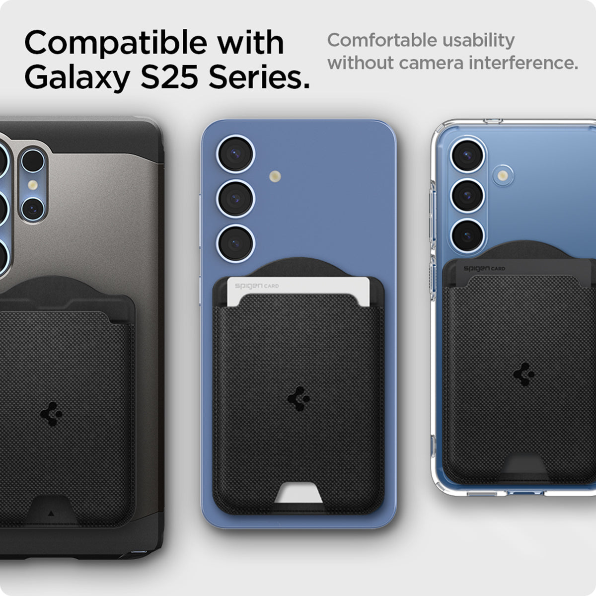 AFA09208 - Galaxy S25 Series MagFit Card Holder Urban Fit (MagFit) in Black showing the compatibility with Galaxy S25 Series, comfortable usability without camera interference
