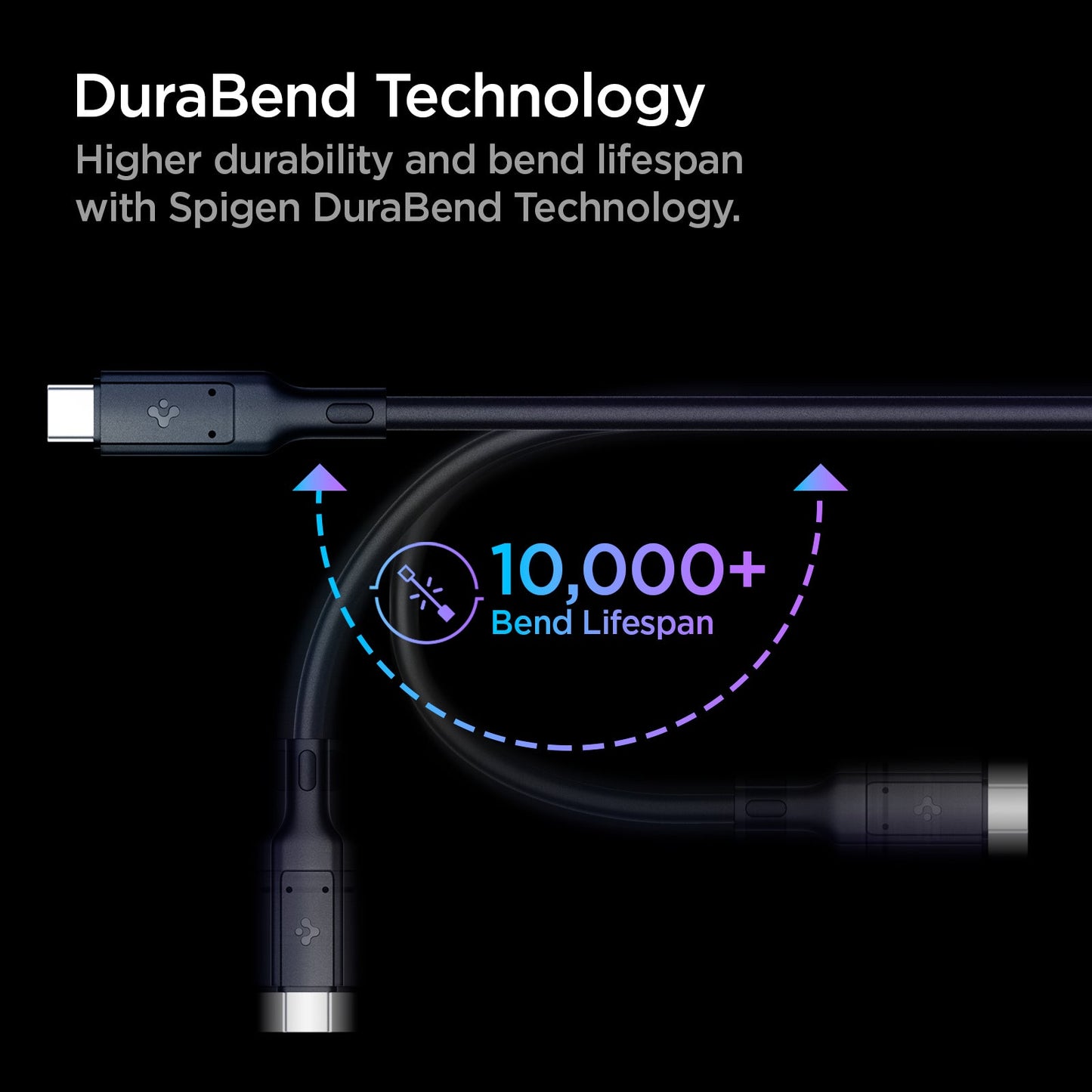 ACA02201 - ArcWire™ USB-C to USB-C 4 Cable PB2000 in Black showing the DuraBend Technology. Higher durability and bend lifespan with Spigen DuraBend Technology. Showing cable wire durability by bending. 10,000+ Bend Lifespan