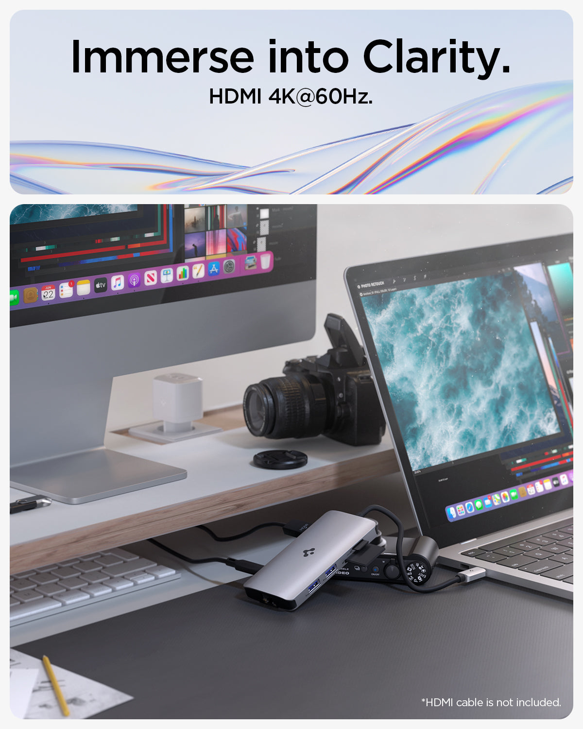 ACA06141 - ArcDock Multi Hub 8-in-1 PD2303 in Space Gray showing the Immerse into Clarity. HDMI 4K@60Hz. Multiple devices attached to a multi hub
