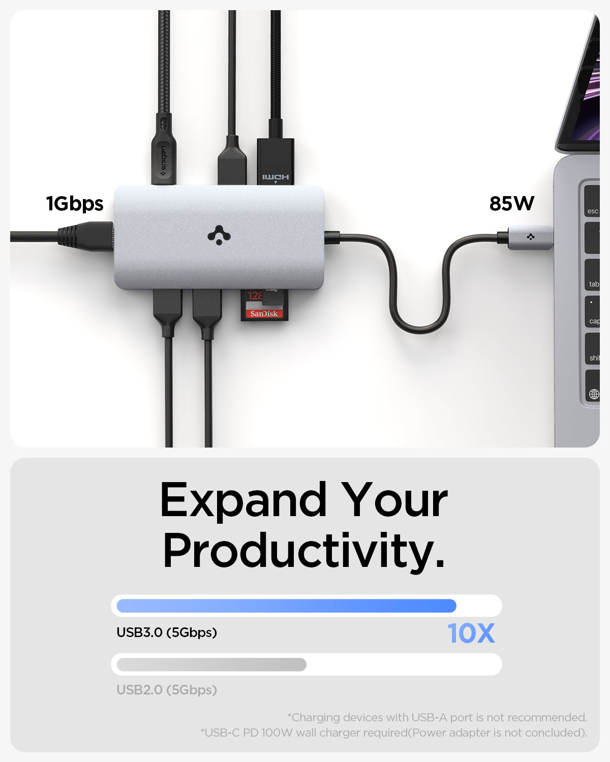 ACA06141 - ArcDock Multi Hub 8-in-1 PD2303 in Space Gray showing the Expand Your Productivity, USB 3.0 (5Gbps) 10x. Top of a multi hub (1Gbps) with different cables hovering in front of a hub with a card inserted and a device attached at the same time with 85W power