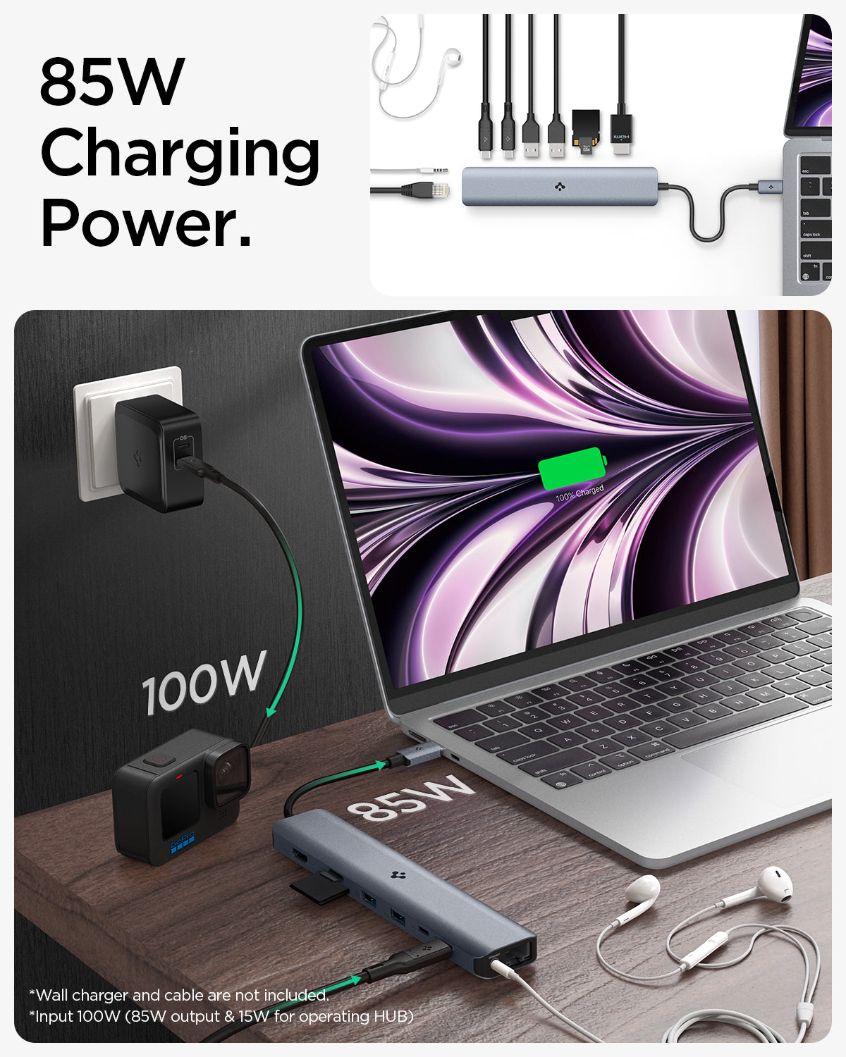 ACA06388 - ArcDock Multi Hub 9-in-1 PD2306 in Space Gray showing the 85W Charing Power. A multi hub (85W) attached to a device, a wall charger with a power (100W) attached to another device. Input 100W (85W output & 15W for operating HUB)