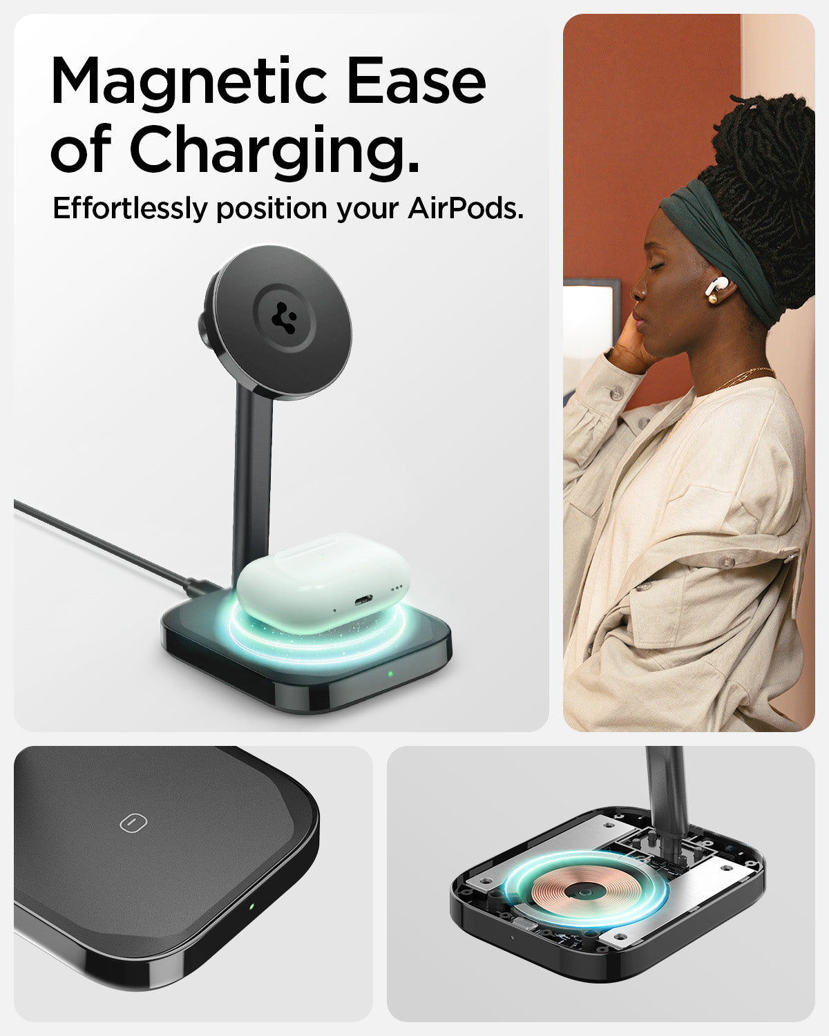 ACH05439 - ArcField™ Magnetic Wireless Charger Stand PF2100 (MagFit) in Black showing the Magnetic Ease of Charging. Effortlessly position your Airpods. A woman listening to music while an airPods case is charging in a charger stand