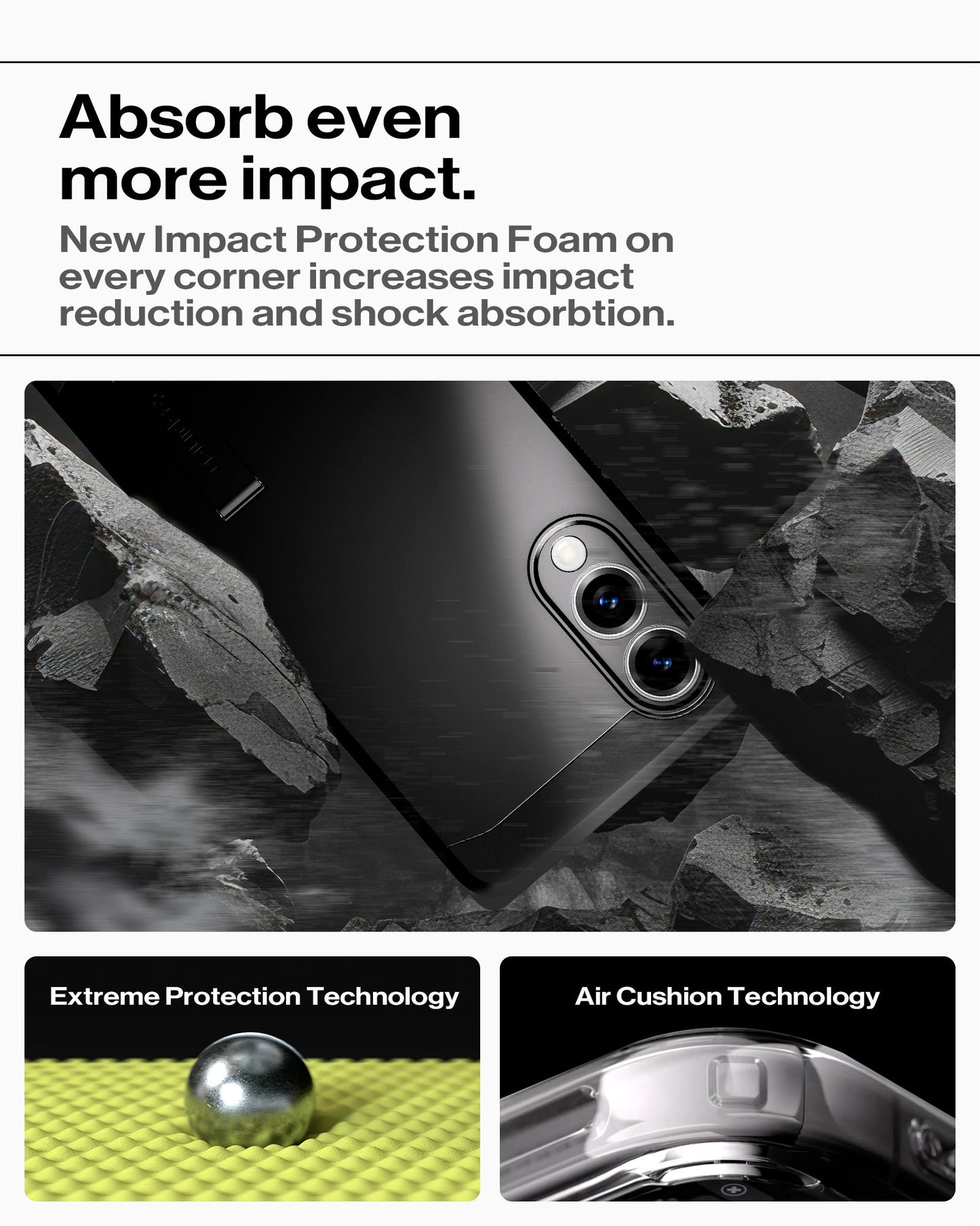ACS09422 - Galaxy S25 Edge Case Tough Armor AI (MagFit) in Black showing how it absorb even more impact. New Impact Protection Foam on every corner increases impact reduction and shock absorption. Extreme Protection Technology and Air Cushion Technology