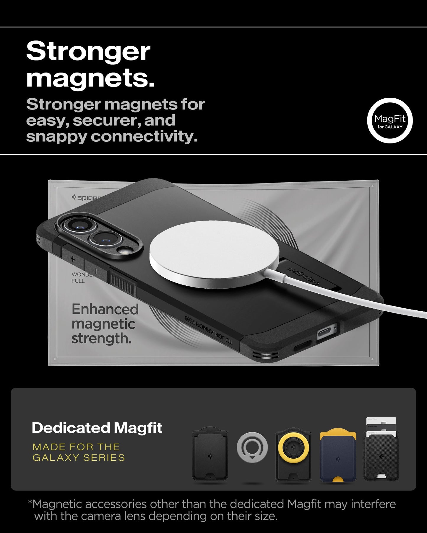 ACS09422 - Galaxy S25 Edge Case Tough Armor AI (MagFit) in Black showing the stronger magnets for easy, securer, and snappy connectivity. Enhanced magnet strength. Magnetic accessories other than the dedicated Magfit may interfere with the camera lens depending on their size
