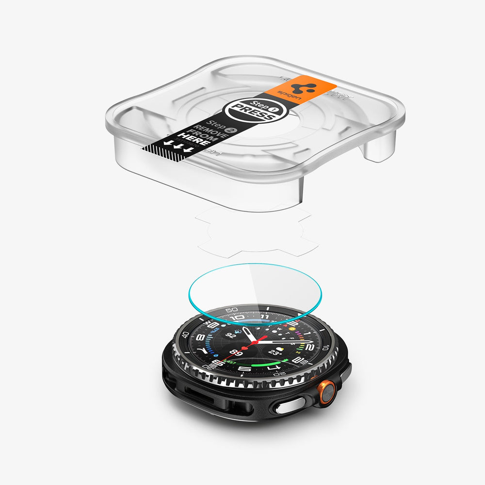 AGL09877 - Galaxy Watch 8 46mm GLAS.tR EZ Fit showing the ez fit tray, film, screen protector and watch face