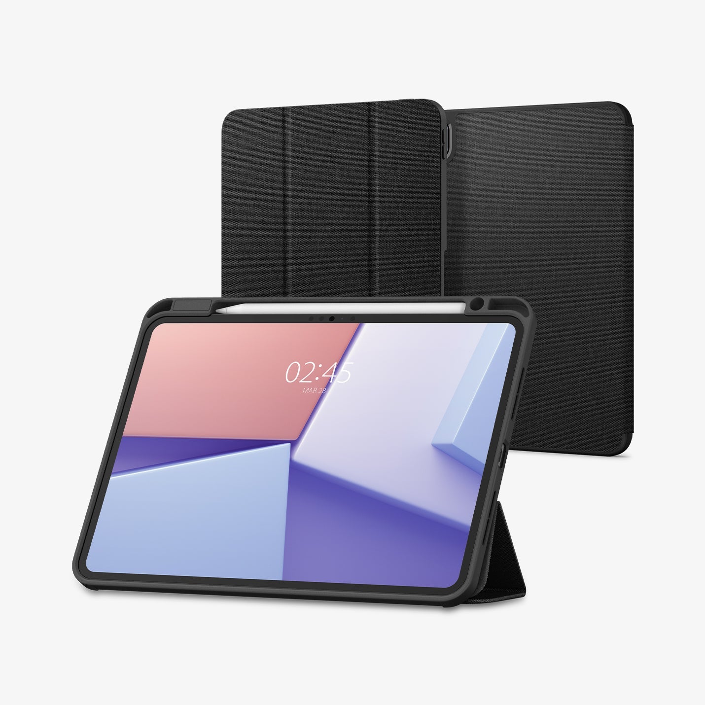 ACS07020 - iPad Pro 11-inch Case Urban Fit in Black showing the front with stylus pen and front cover folded, propped up behind to serve as a stand and behind, 2 device showing front and back