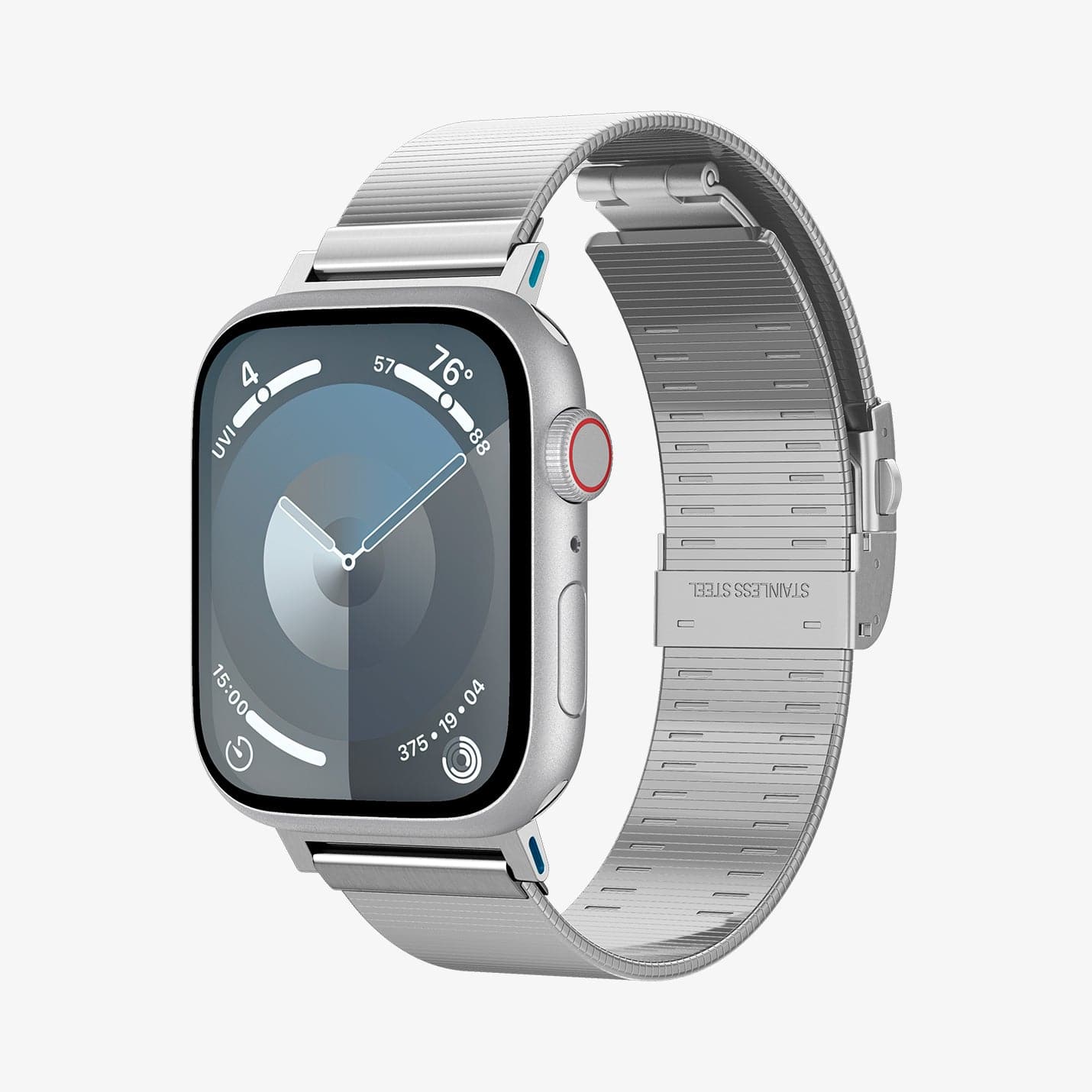 AMP07224 - Apple Watch (41mm) Sleek Link in Silver showing the front, partial side and partial inner part of a watch