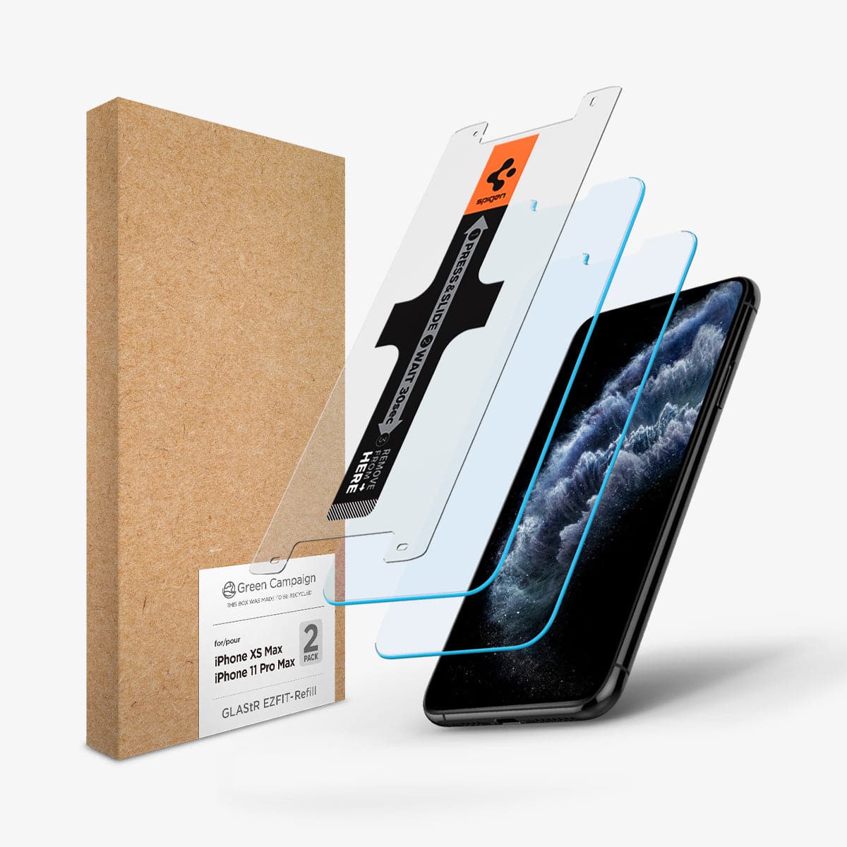 AGL04463 - iPhone 11 Pro Max Screen Protector GLAS.tR EZ Fit Refill showing the device, two screen protectors and packaging