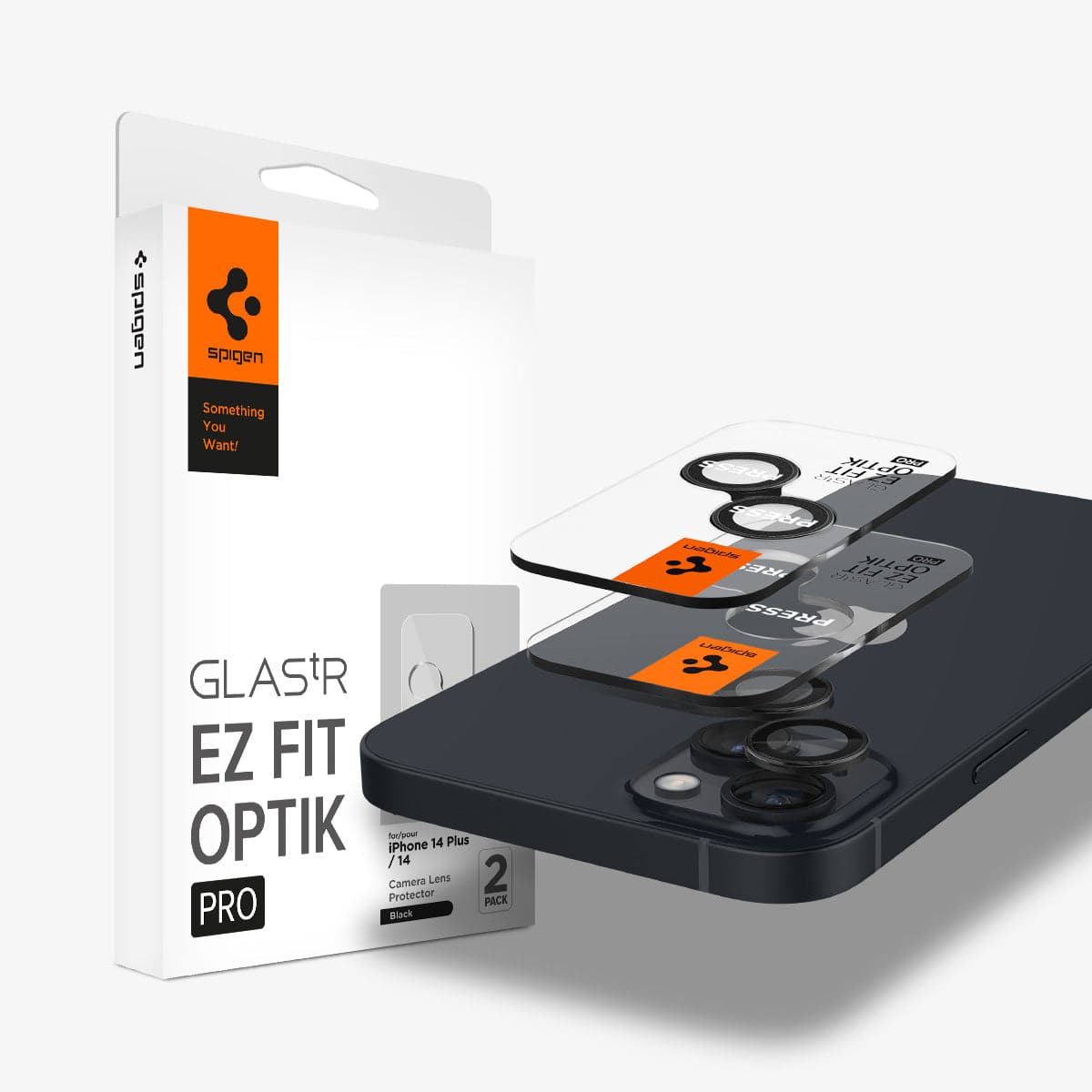AGL05213 - iPhone 14 / 14 Plus Optik Pro Lens Protector in black showing the device, two optik pro lens protectors and packaging