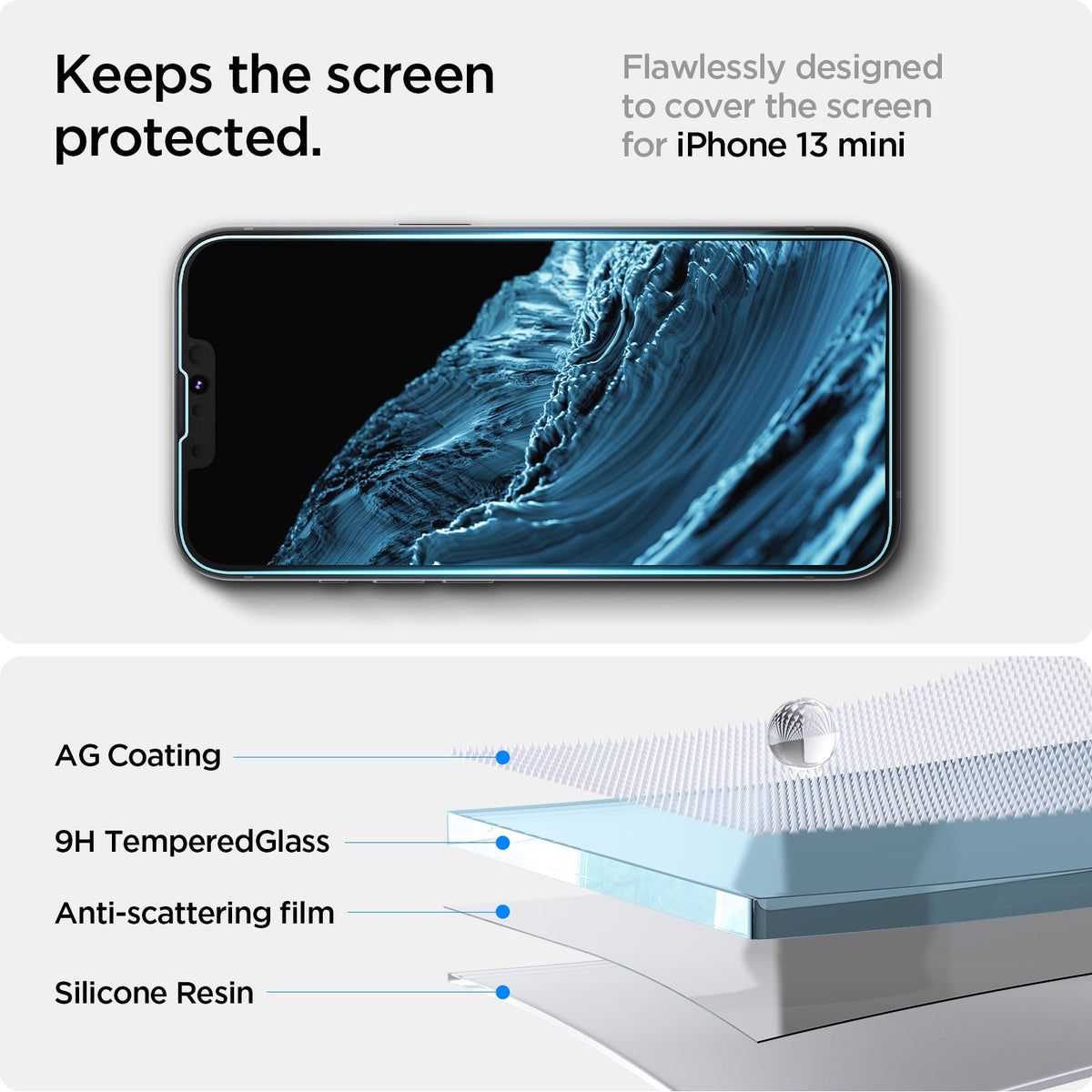 Spigen Protector de pantalla de vidrio templado [GlasTR EZ FIT] diseñado  para iPhone 13 Mini, protección de sensores, paquete de 2