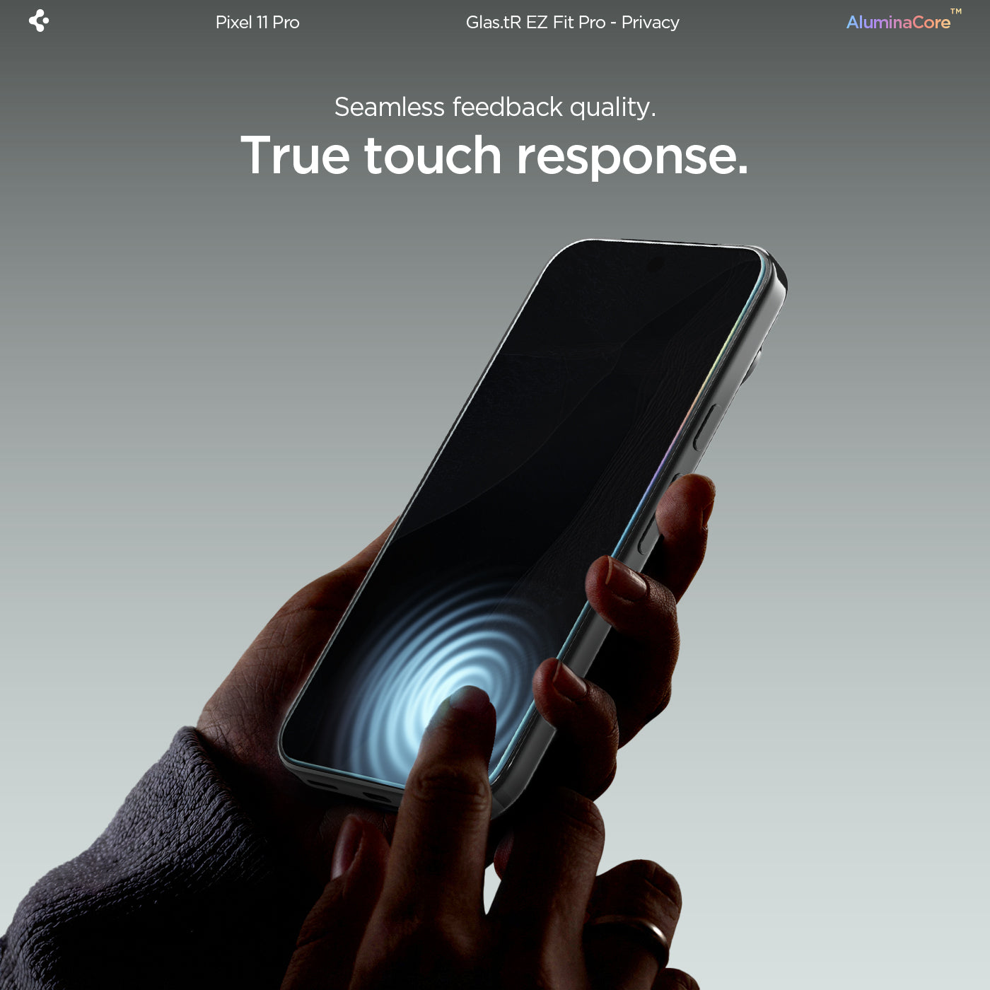 AGL11486 - Pixel 11 Pro XL GLAS.tR EZ Fit | Privacy phone with installed privacy screen protector demonstrating touch responsiveness.