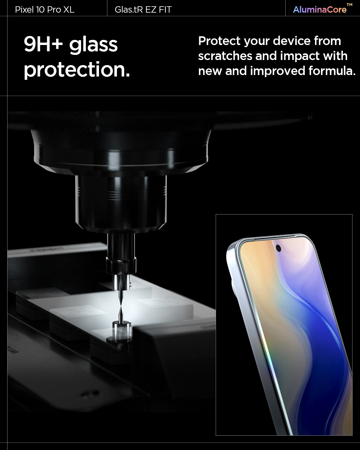 AGL08445 - GajPXL GLAS.tR EZ Fit Screen Protector showing the 9H+ glass protection. Protect your device from scratches and impact with new and improved formula