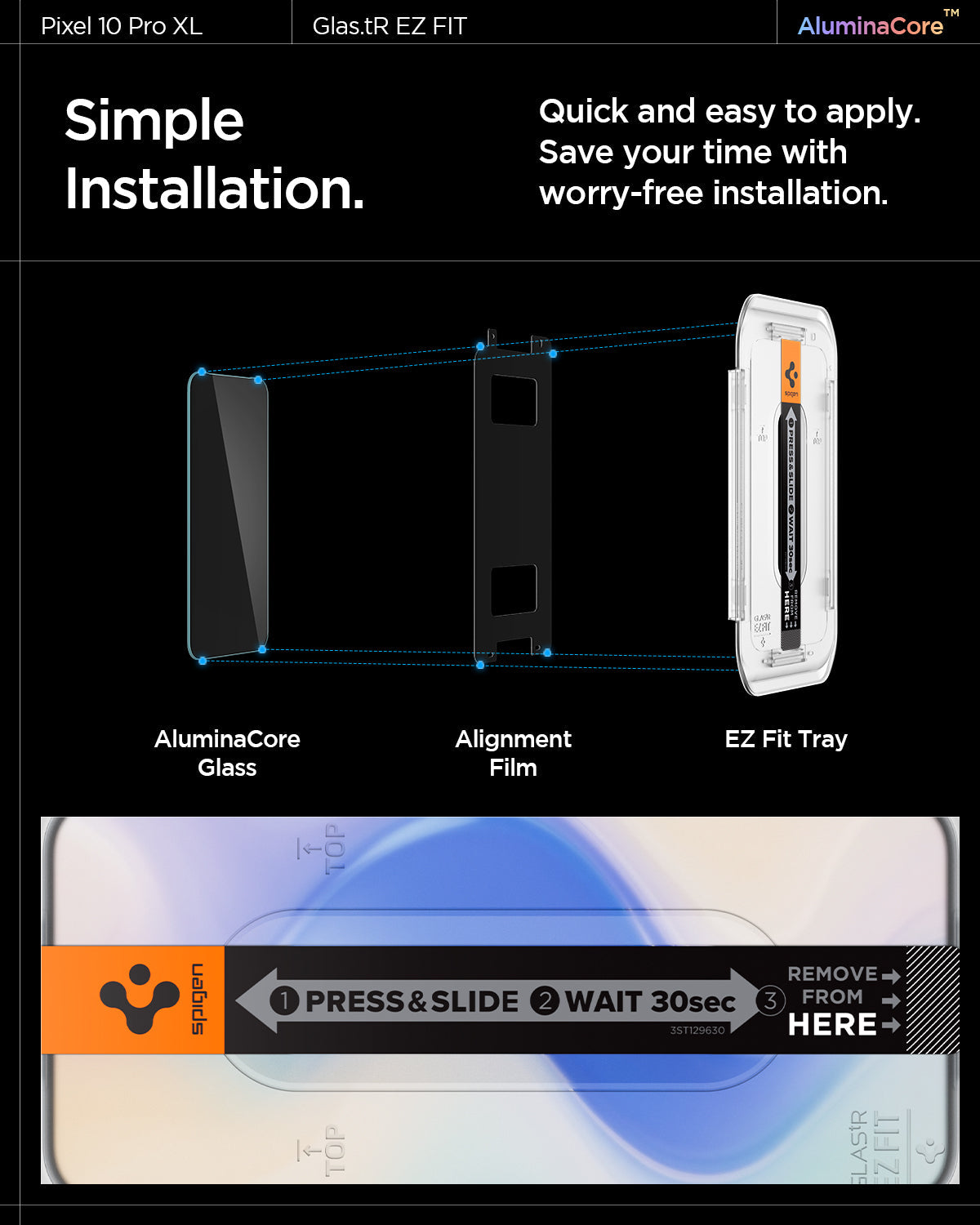 AGL08445 - GajPXL GLAS.tR EZ Fit Screen Protector showing the simple installation. Quick and easy to apply. Save your time with worry-free installation